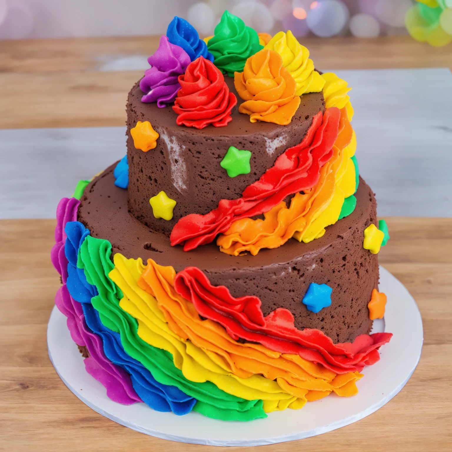on a wooden table. there is a white plate. two-tier chocolate cream cake , rainbow cream in the form of ruffles, decorated with rainbow stars made of polymer clay, multi-colored cream on top, against the background of the kitchen, Beautiful light from the window, Contour light, several light sources, beautiful lighting, Bright light source, bright lighting, beautiful light sources, Multiple light sources, Realistic style , realistic texture, detailed texture, A high resolution, high quality, beautiful photo of the cake, advertising photo, macro photography
