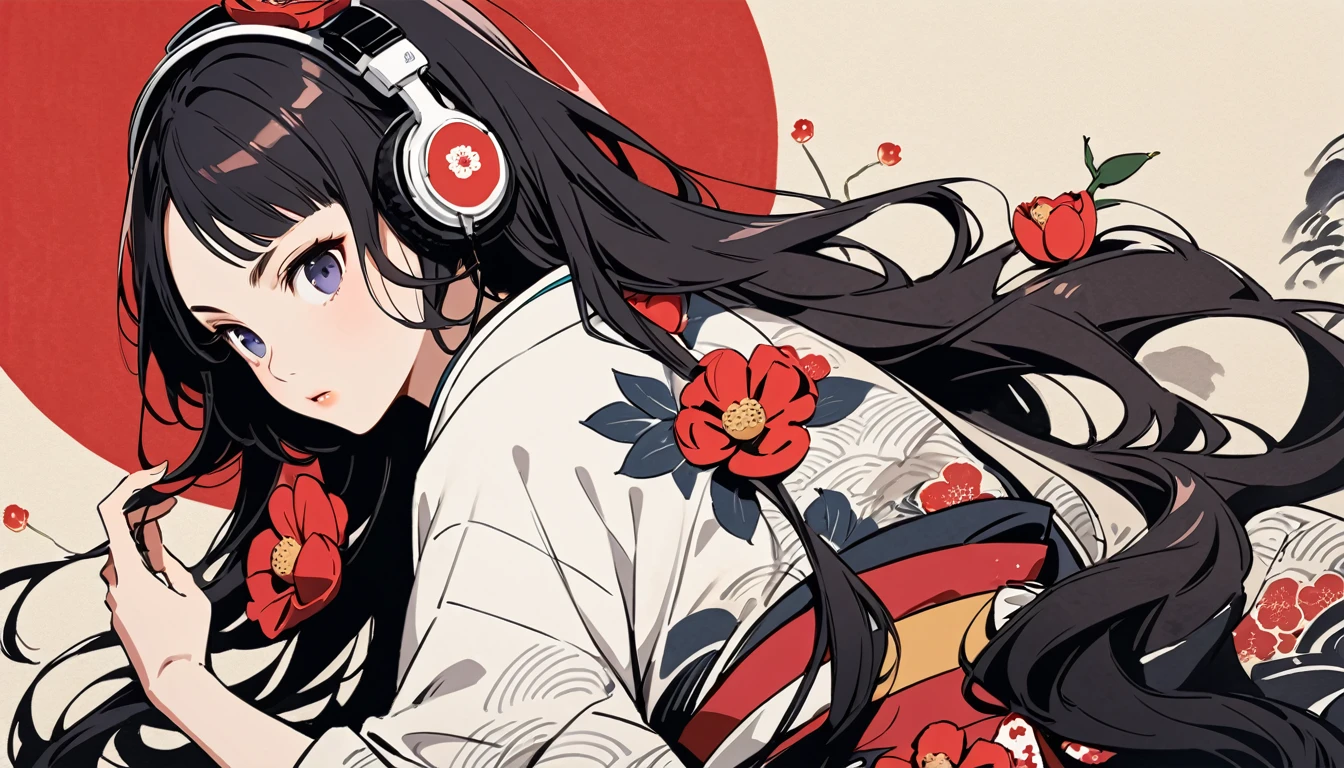 Highest quality, Katsushika Hokusai, Ink Painting, (((longhair))), (((White kimono))), Japanese style headphones, camellia, beautiful girl, Black Hair, Delicate and precise, Modern ukiyo-e style,