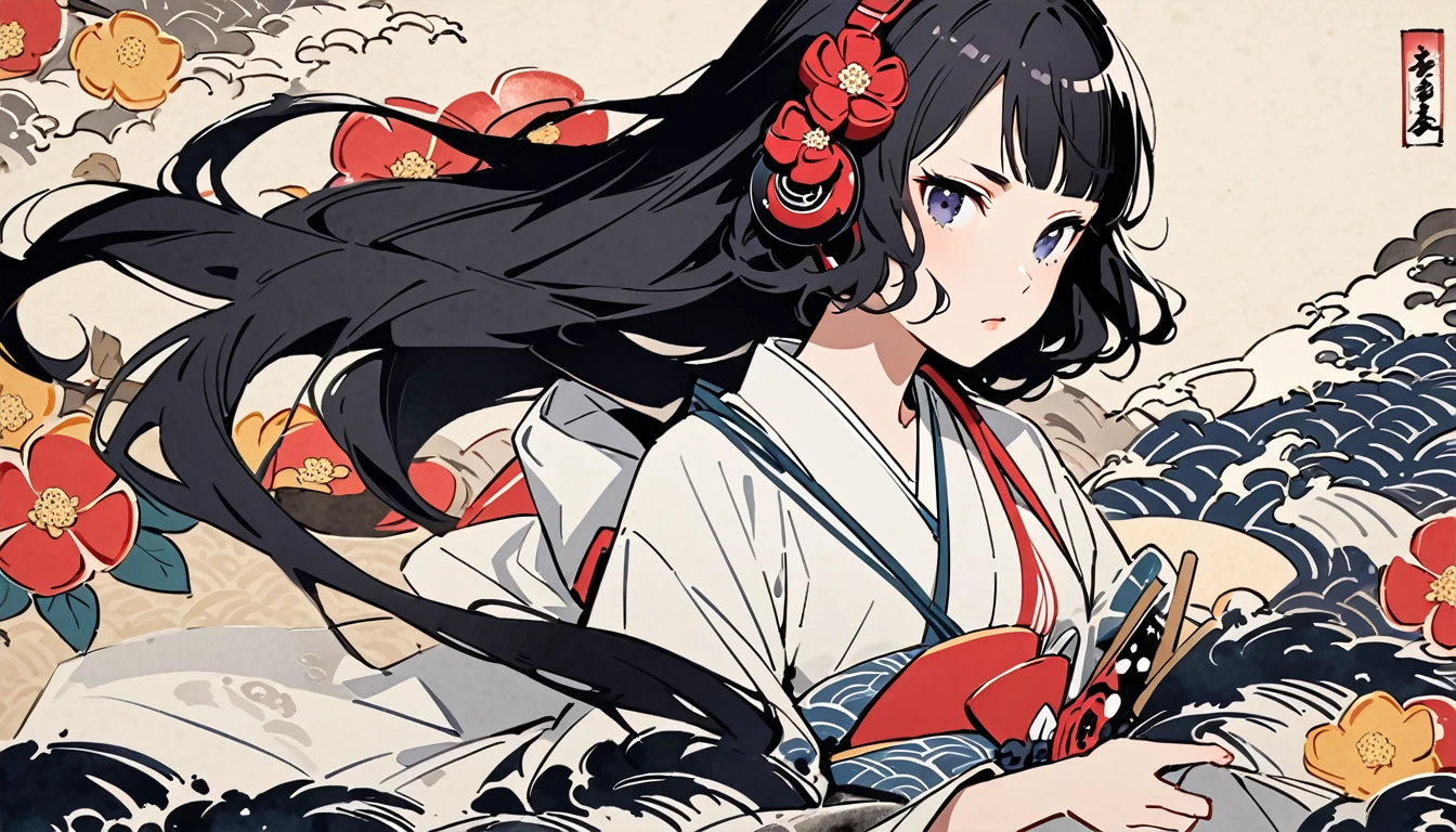 Highest quality, Katsushika Hokusai, Ink Painting, (((longhair))), (((White kimono))), Japanese style headphones, camellia, beautiful girl, Black Hair, Delicate and precise, Modern ukiyo-e style,