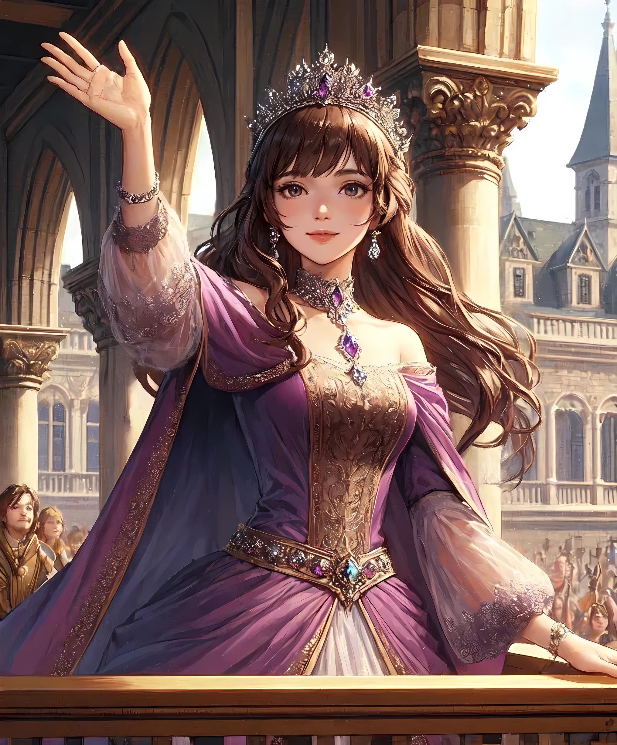 1lady solo, from below, standing on balcony, looking down, (waving hand:1.1) gracefully, queen, (elegant dress) purple, (crystal tiara), /(brown hair/) bangs, kind smile (benevolence), (masterpiece best quality:1.2) delicate illustration ultra-detailed, large breasts BREAK (balcony of medieval European palace) outdoors, audience, detailed background