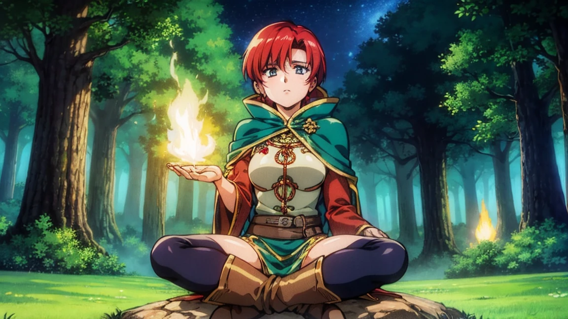 A human female adventurer camping outdoors in a fantasy game world, illustrated in a Japanese anime style. She is sitting on a rock near the campfire, with short, bright red hair. She is dressed in a blue tunic with gold embroidery, leather pants, and boots, along with a dark green cloak. Her large, expressive eyes are highlighted by the warm, flickering campfire light, and she has a thoughtful expression. The background features a dense, enchanted forest under a starry night sky. The scene is detailed with vibrant colors and a focus on anime aesthetics. 1920x1080 resolution.