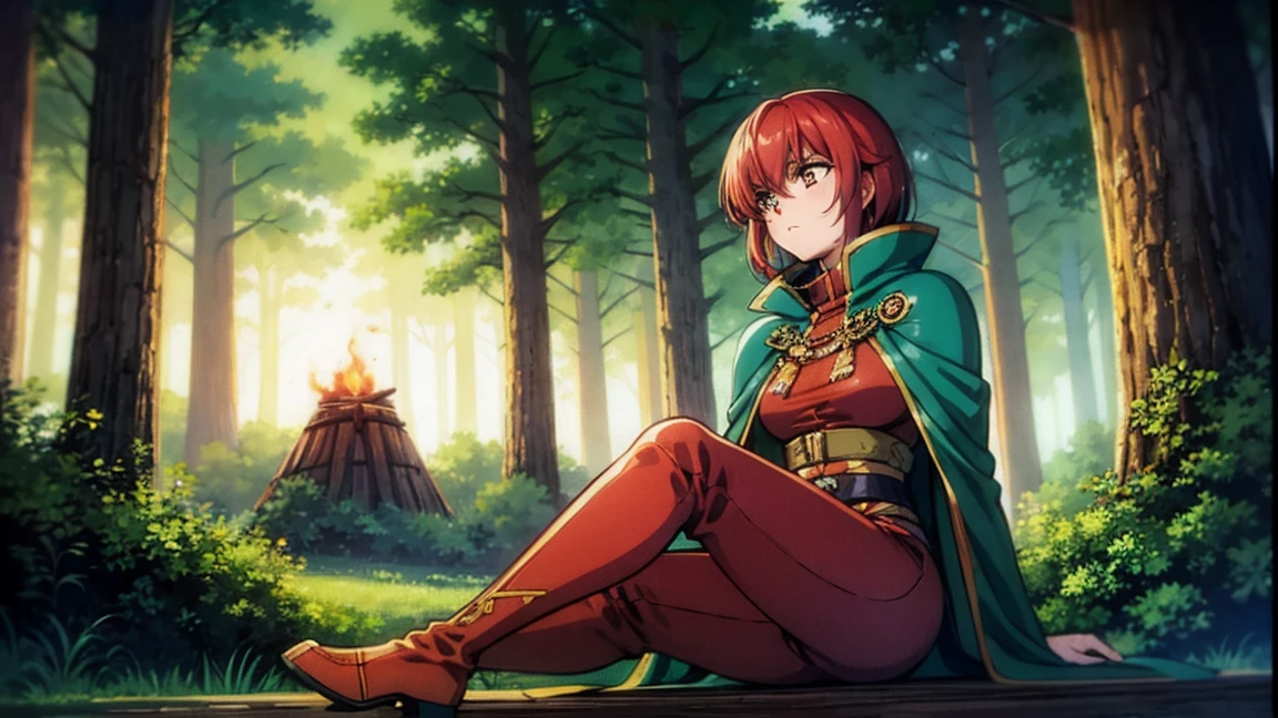 A human female adventurer camping outdoors in a fantasy game world, illustrated in a Japanese anime style. She is sitting on a rock near the campfire, with short, bright red hair. She is dressed in a blue tunic with gold embroidery, leather pants, and boots, along with a dark green cloak. Her large, expressive eyes are highlighted by the warm, flickering campfire light, and she has a thoughtful expression. The background features a dense, enchanted forest under a starry night sky. The scene is detailed with vibrant colors and a focus on anime aesthetics. 1920x1080 resolution.
