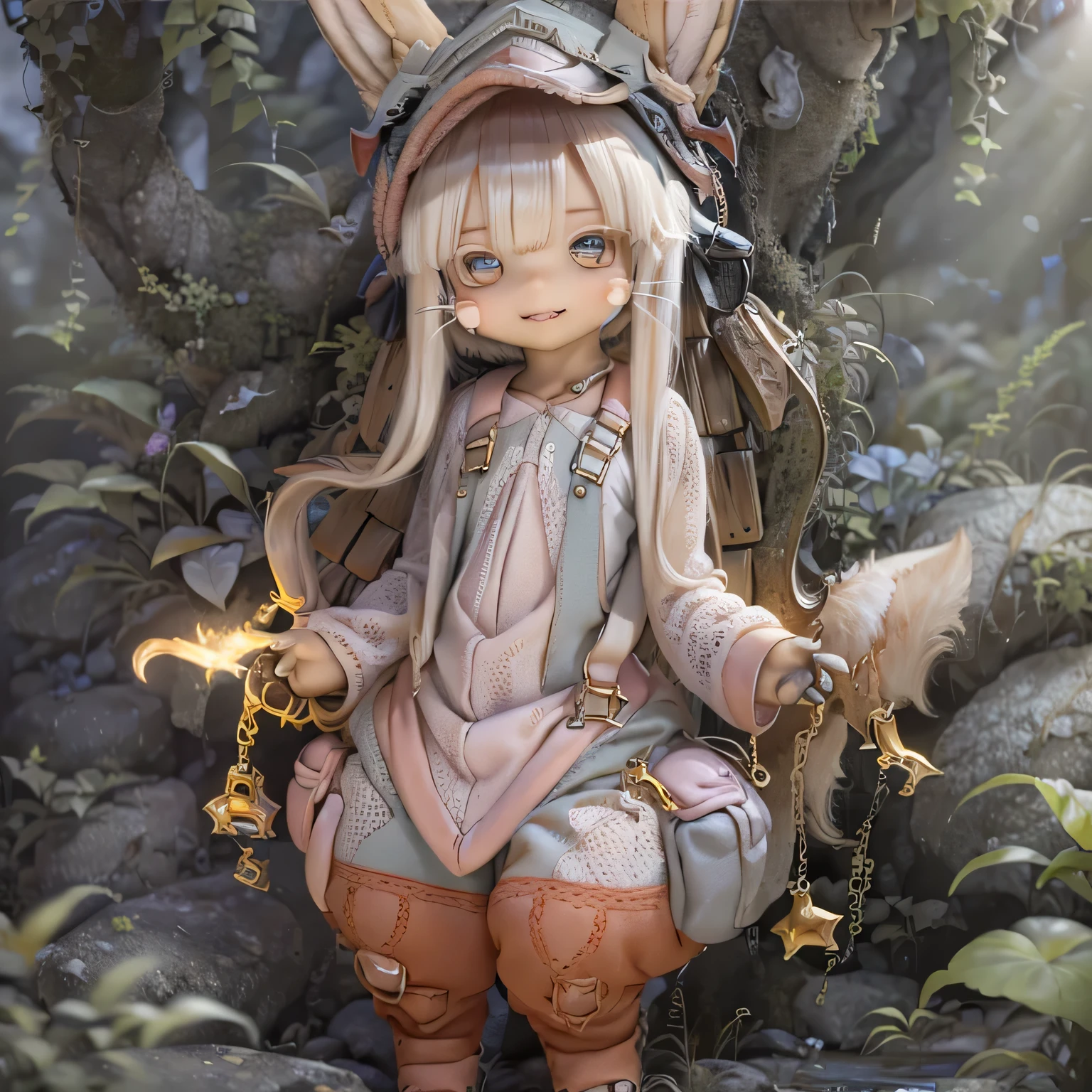 in the garden, Smiling girl, Similar to Nanachi from Made in Abyss. She is beautiful, Beautiful eyes and lips. girl (((Chibi Style,))) . The image quality is of the highest quality, Highly detailed and realistic features. The medium of this work is、Combining illustration and photorealistic rendering.. The colors are vivid、The lighting creates a warm and bright atmosphere。Casual Full Body(((((overalls)))))Contrasting 
expose one's chest and abdomen