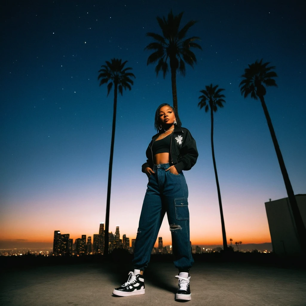 1995 album artwork photography, a black female rapper standing confidently in front of a cityscape at night, with the iconic Los Angeles palm trees silhouetted against the dark sky. Her hair is styled in a high-top fade, with a few loose strands framing her face. Her makeup is bold and edgy, with a focus on dark eyeliner. She is dressed in a bold, retro-inspired outfit that screams 1990s hip-hop fashion (high-waisted, baggy jeans are a deep blue color, with a subtle fade and ripped knees, giving them a worn-in, streetwear vibe. The pants are cuffed at the ankles) Capture the essence of 1990s Death Row era, dark, misty night, background with the palm trees looming large against the sky. The camera is positioned low to the ground, looking up at the artist, which adds to the sense of intimacy and power. The palm trees are silhouetted against the dark sky, creating a dramatic, high-contrast effect