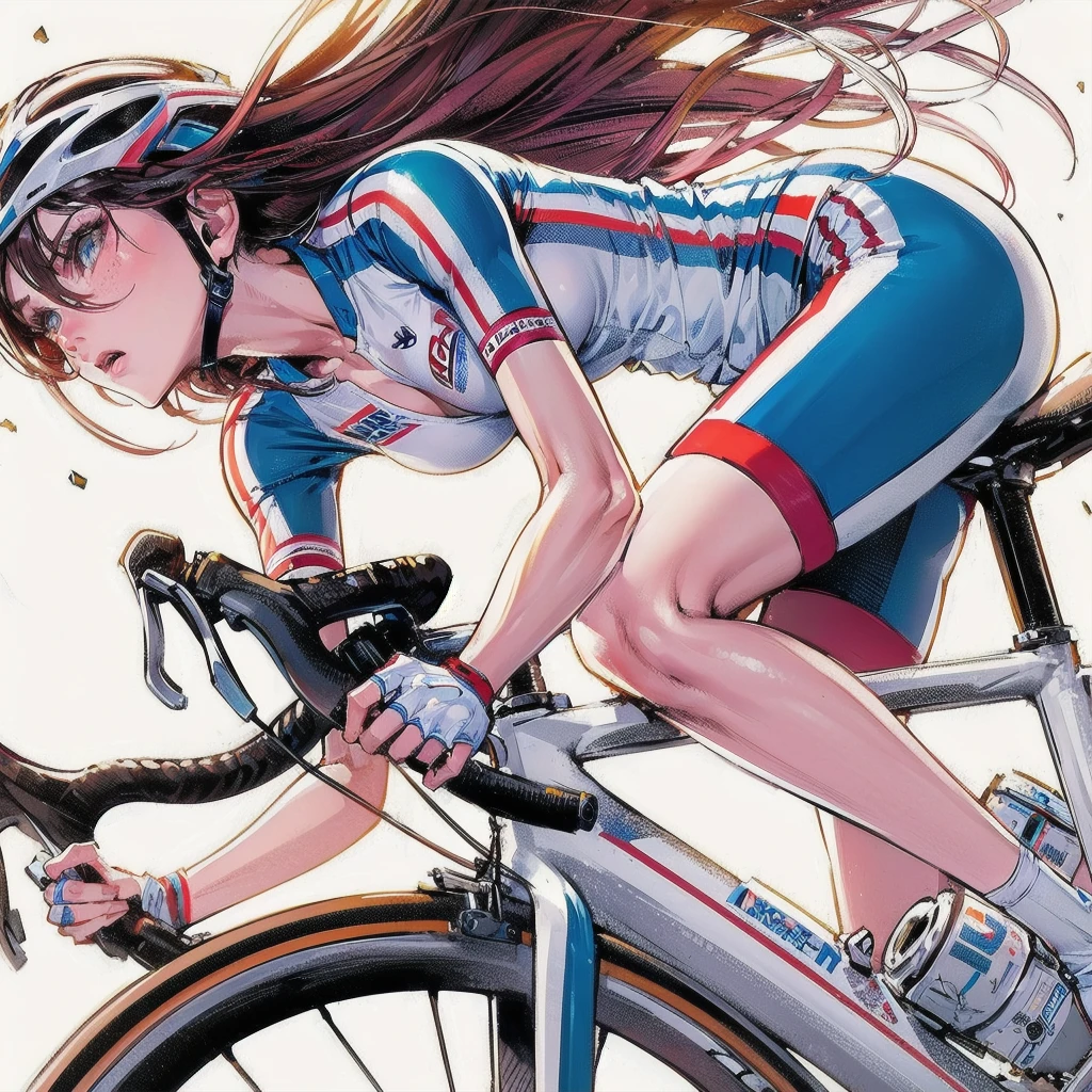 masterpiece, (textured skin), best quality, gorgeous beautiful girl, (a female cycling athlete), detailed clothes,large breasts,narrow waist,, (beautiful face), cinematic lighting, (at cycling venue ),