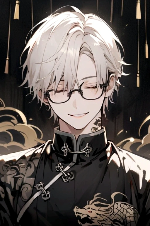 Long white hair, always smile and close the eyes,male,slim, black Chinese long clothes with golden dragon patterns, black dragon tattoos on neck, black rimless glasses on head, black gloves,**close the eyes**,alone,The background have bamboo raining