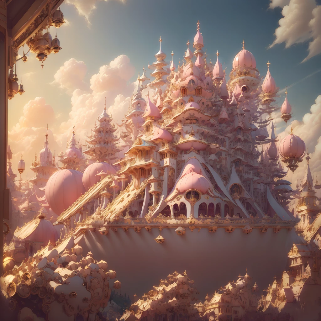 1girl、(((Highest quality、Masterpiece、Official Art、The best dynamic composition、Super detailed)))、IvoryGoldAI、Pink gold color、The near-future world、kawaii tech、Rabbit-themed airship、Fantasy、Absurd、