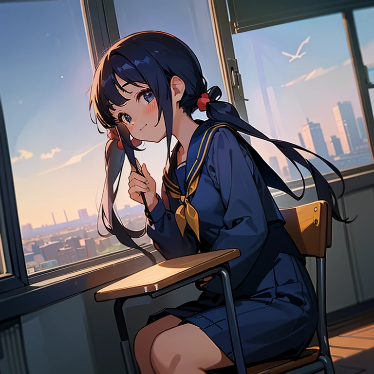 Highest quality, Very detailed, masterpiece, One Girl, sit in a chair in the classroom, talk, Smile, , (low twintails:1.2), Pigtails, Black Hair, Long Hair, (Navy blue sailor suit:1.4), Blue ribbon, Long sleeve, School desk, School Chair, Evening Classroom, from the front, window, Distant cityscape, Kyoani style
