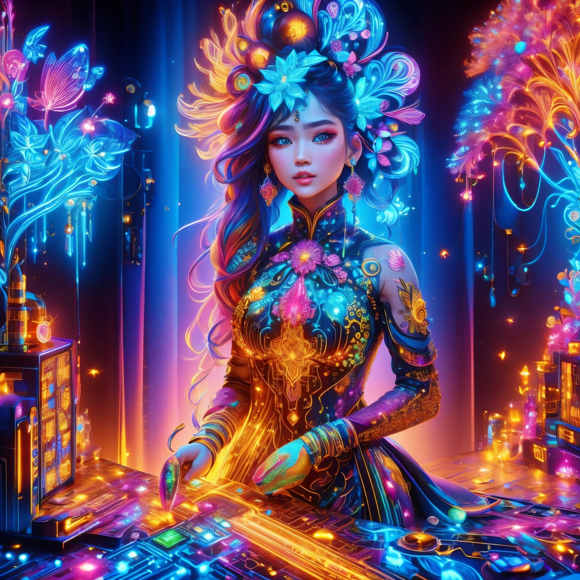 (neon)，circuit board，(1 girl:1.3)，(beautiful girl:1.2)，extremely detaild，(Fractal Art:1.2)，colorfully，the most detailed，(zentangle neon:1.2)，(dynamic poses)，(neon几何背景:1.5)，(red wedding dress:1.2)，(shining skin)，(many colors:1.4)，black art，(magic shape，face highlight)，chic，texture，Light and Shadow Art，sun on face，Cardamom age，(Exquisite and perfect behavior:1.3)，(to dream)，(ultra HD, work of art, precise, anatomically correcte, texturized skin, high détail, high qualiy, The awardee, 8K)