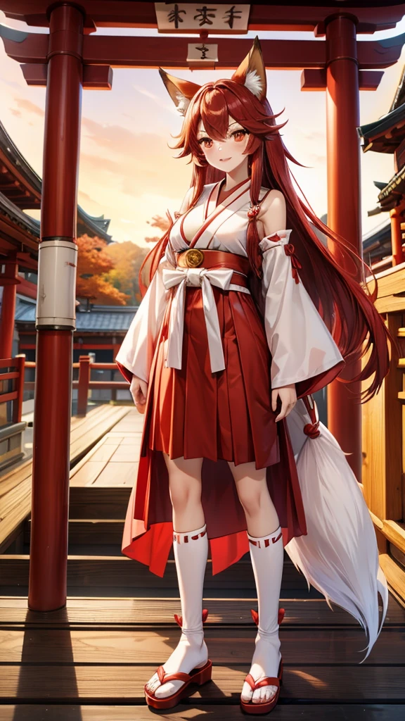 red long hair woman，Fox ears，Fox tail，Red and white miko costume，cleavage，hakama，White socks，Straw sandals，Standing，Japanese Shrines