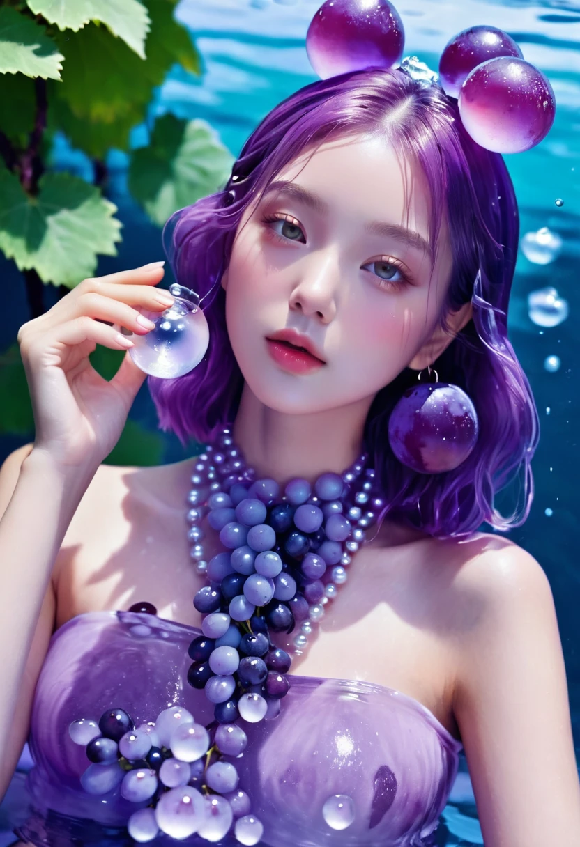 Summer Purple Grape Girl，Dopamine teenage， Cool summer days，Ice cubes，The watery girl，Delicate skin，Hydration，Shiny，Shiny，dream，Front view，bust，pearl，Purple grape fruit