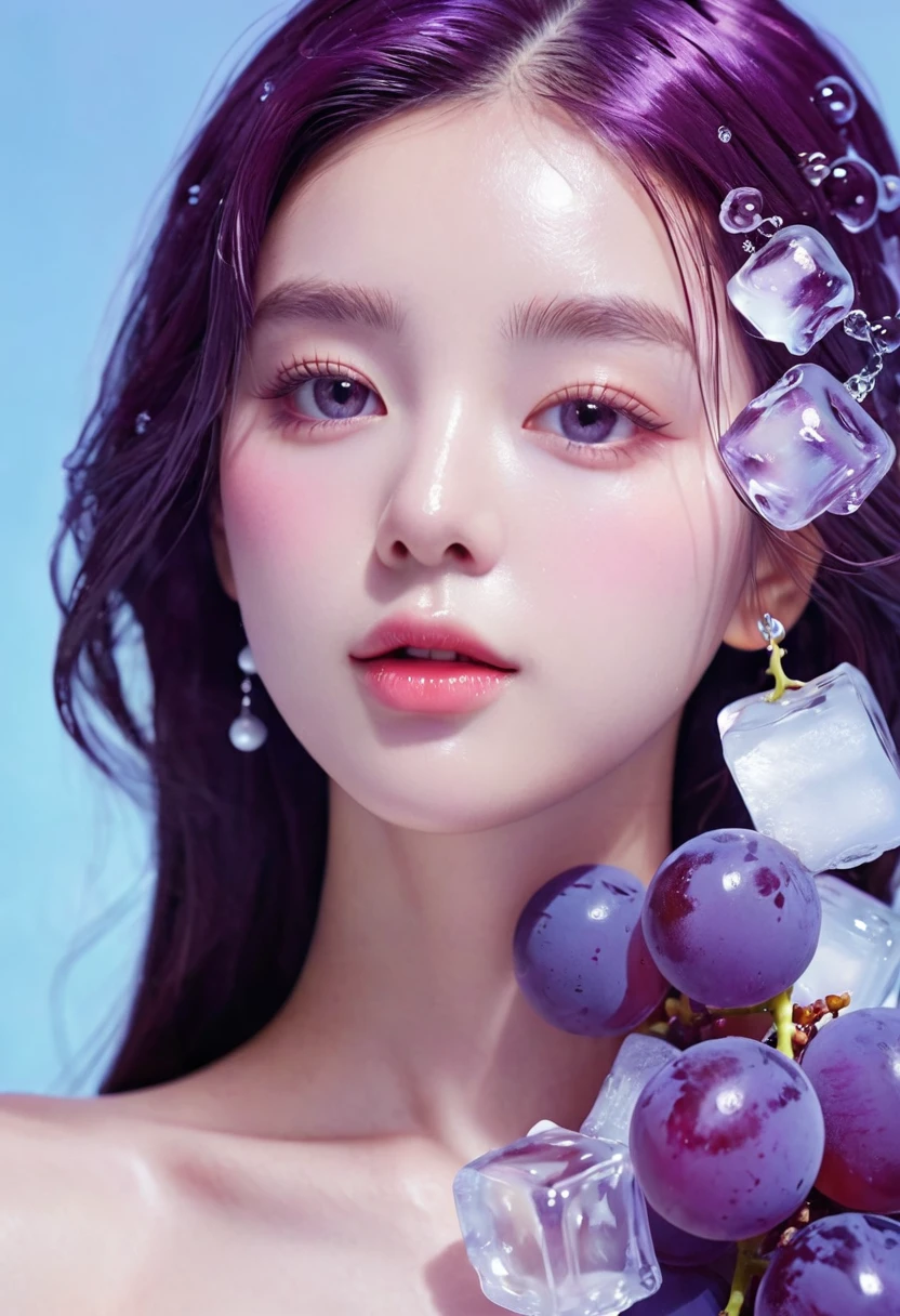 Summer Purple Grape Girl,Dopamine teenage, Cool summer days,Ice cubes,The watery girl,Delicate skin,Hydration,Shiny,Shiny,dream,Front view,bust,pearl,Purple grape fruit