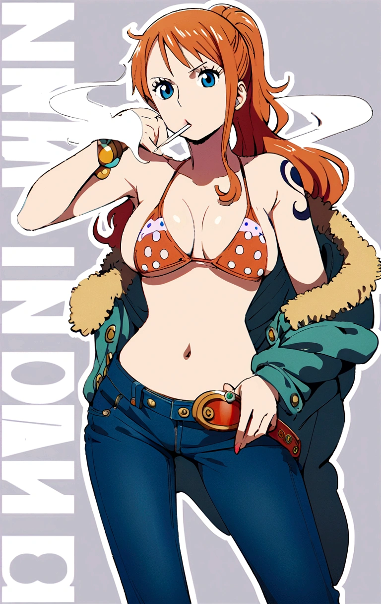 a cartoon picture of a woman in a bikini top and jeans, nami one piece, nami from one piece, nami, beautiful portrait of nami, from one piece, oppai, blue eyes, smoking, ponytail