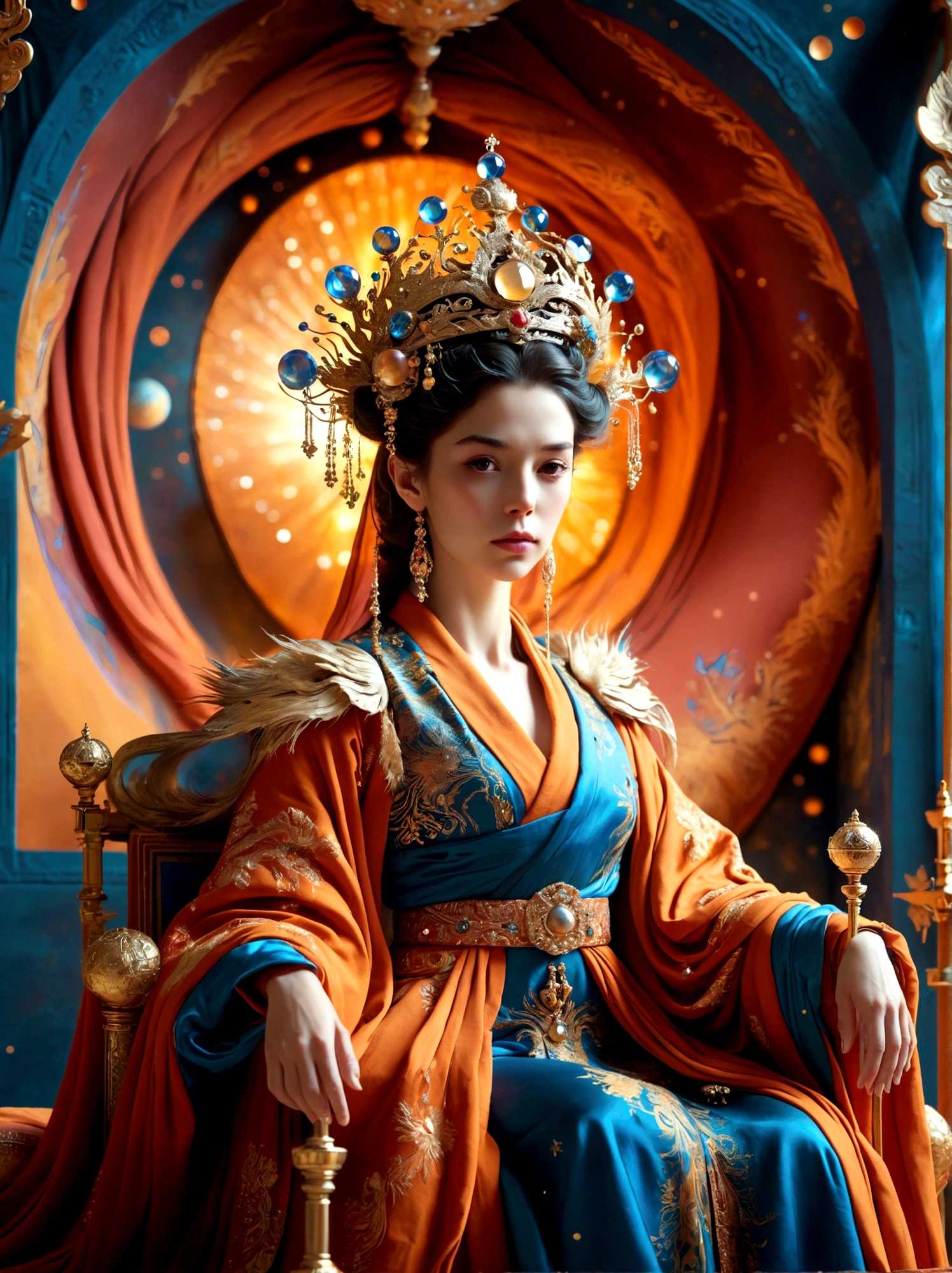 (Queen in mythology:1.3)，A royal figure in a lavish robe, adorned with a large crown, is seated on a throne, The setting is otherworldly and surreal, located in the vast expanse of space, The figure is perched on a miniature planet that's enveloped entirely by the rich fabric of the robe, reflecting an element of royal extravagance