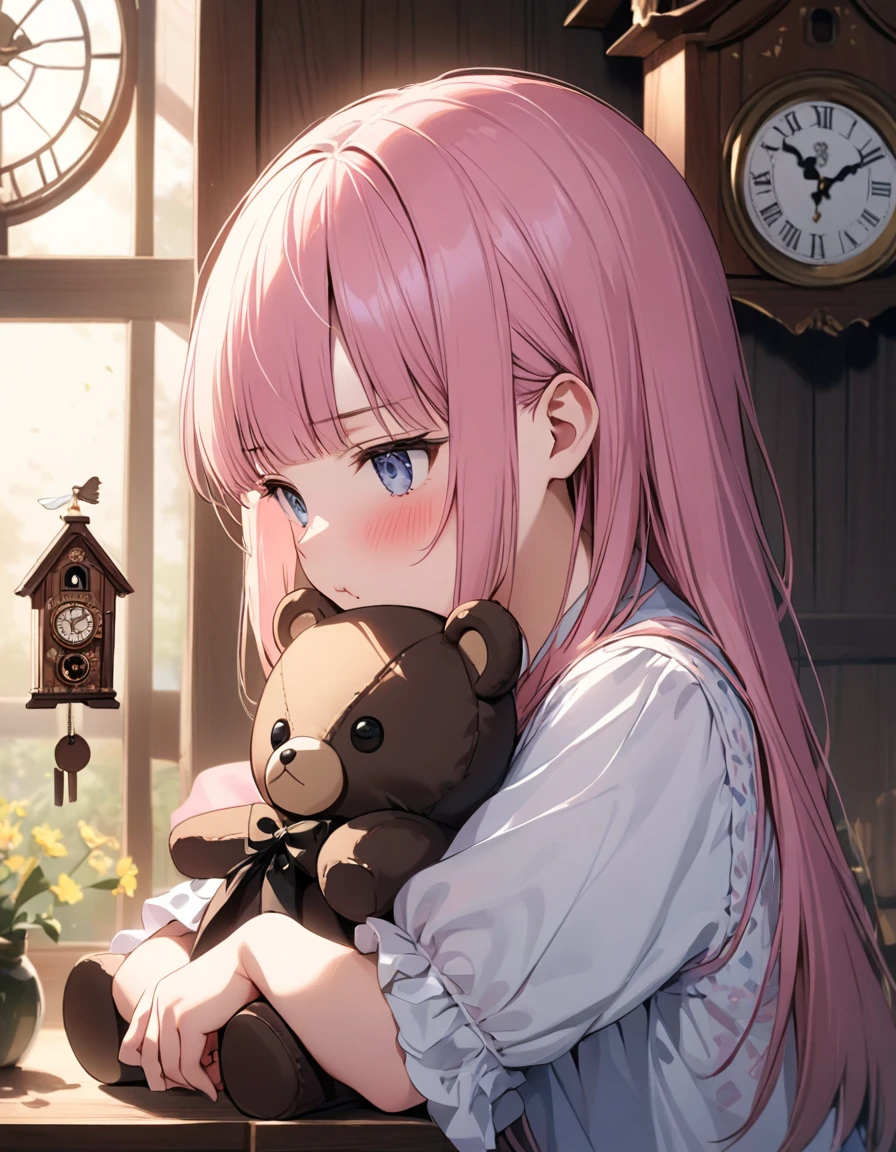 (8K, best quality, master piece: 1.2), super high resolution,1 girl is hugging a stuffed teddybear,,solo,15yo,ultra-detailed face,detailed eyes,gradient eyes,pink hair,ショートヘア,blunt bangs,((pout)),blush,white fasciator,wearing a white dress with black dot pattern,black bolero,cowboy shot,BREAK,one cuckoo clock,rim light,side view,room