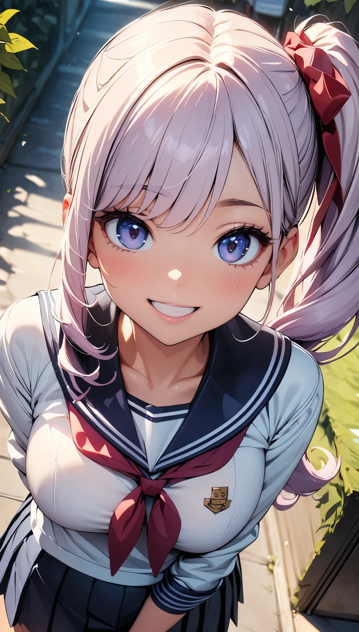 (Highest quality:1.2, 4K, 8K, Very detailed, Latest, Vibrant, High detail, masterpiece:1.2, Highest quality, Best aesthetics), (((1 Girl))), JK, Sailor suit, Pleated skirt, Open your mouth slightly:1.2, smile, (Light purple hair, Voluminous side ponytail), Dynamic Angle, Friendly atmosphere, Beautiful Hair, Shiny Hair, Beautiful Skin, Detailed face and eyes, Glossy Lips, Curvy Women, A park full of greenery:1.2, Colorful flowers, Light and shadow with attention to detail, Background Blur.