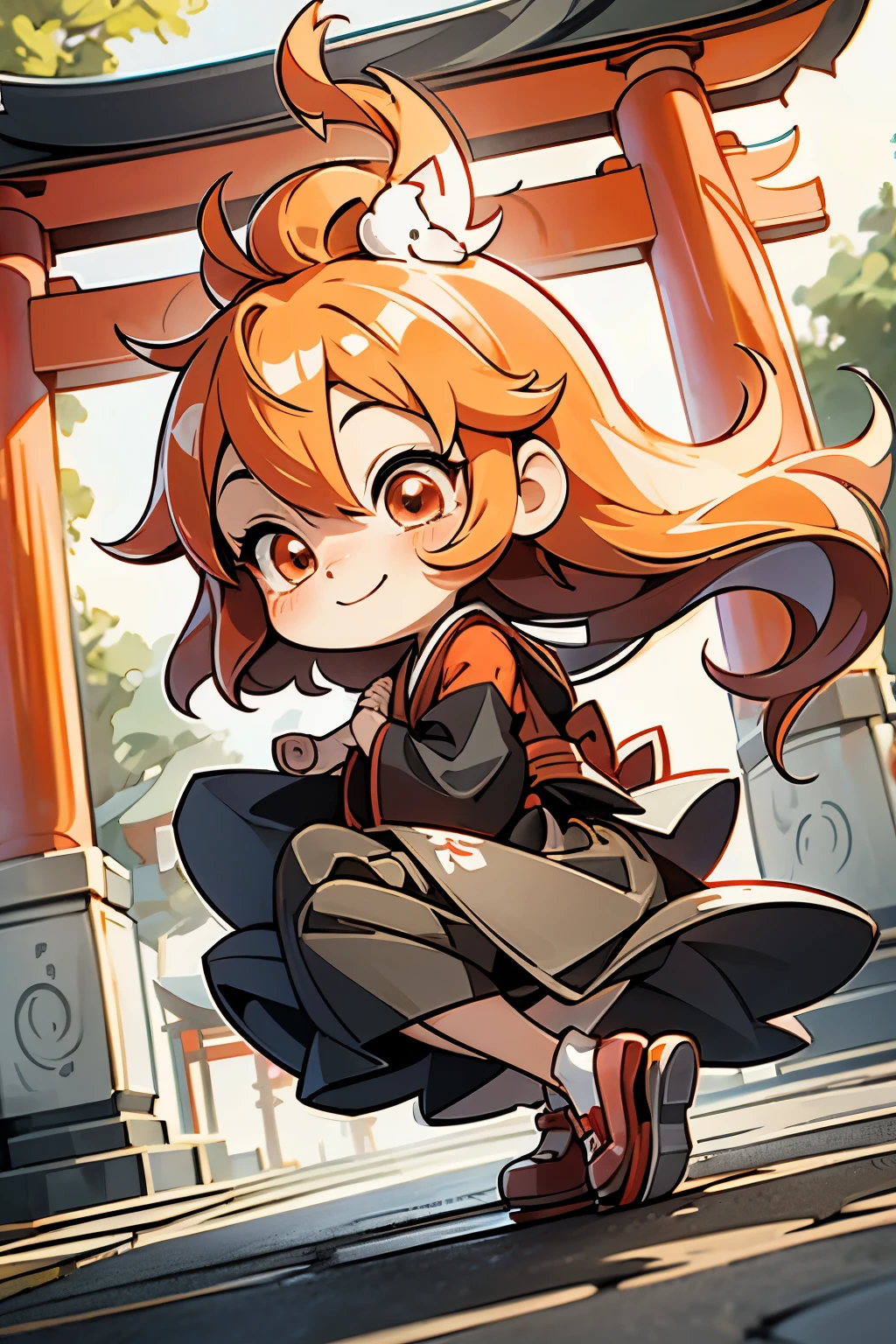 Ultra Detail, Place one small doll, By Cartoon picture book of background is a Fushimi Inari-taisha Shrine in Japan, with many red torii gates, It's sunny, Detailed eyes, clear outlines, kawaii pose, A smile, Raise your right hand, Eye Up, Laugh, Cute red shoes, radiant light, Taken from the side.