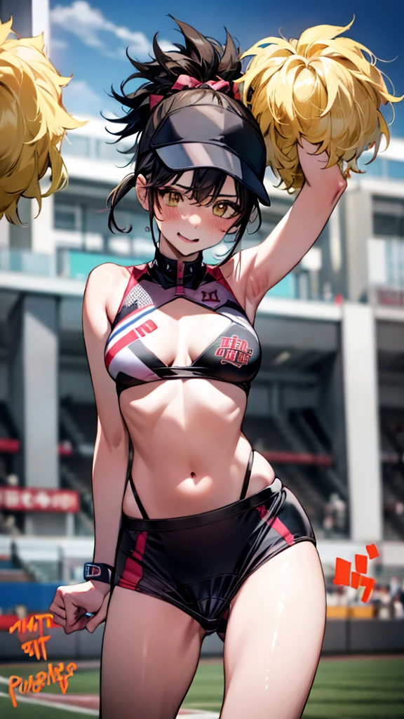 insert dildo,Bigboobs,cleavage,yellow,black,group shot:1.7,baseball stadium,Panty drop:1.5,Clothing with tiger printed on it,tubetops,Underboobs,ponytail,cheerleader, stadium, team spirit, pom-poms, enthusiastic, energetic, crowd, uniform, sports event, cheering, colorful, dynamic pose, happy, vibrant, teamwork, celebration, night game, lights, action