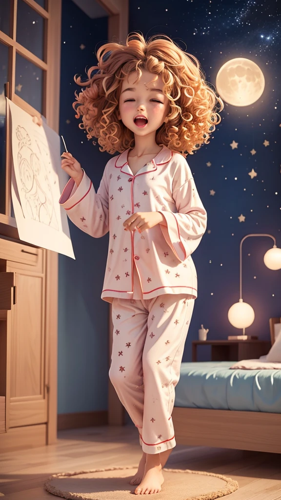 a with curly hair yawning and star-patterned pajamas running outside, showing her drawing of the moon to her friends.