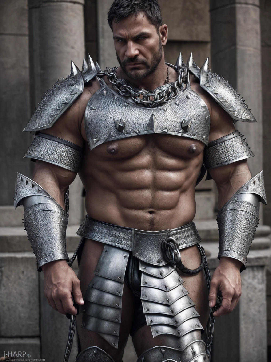 Raw, cinematic shot, (sharp focus:1.5), (photorealistic:1.2), medium portrait sexy daddy huge pecs of (a weary-looking but still proud and fierce-looking บาบาเลี่ยน warrior,Spartan Armor, dressed in elaborately detailed chain mail and leather armour