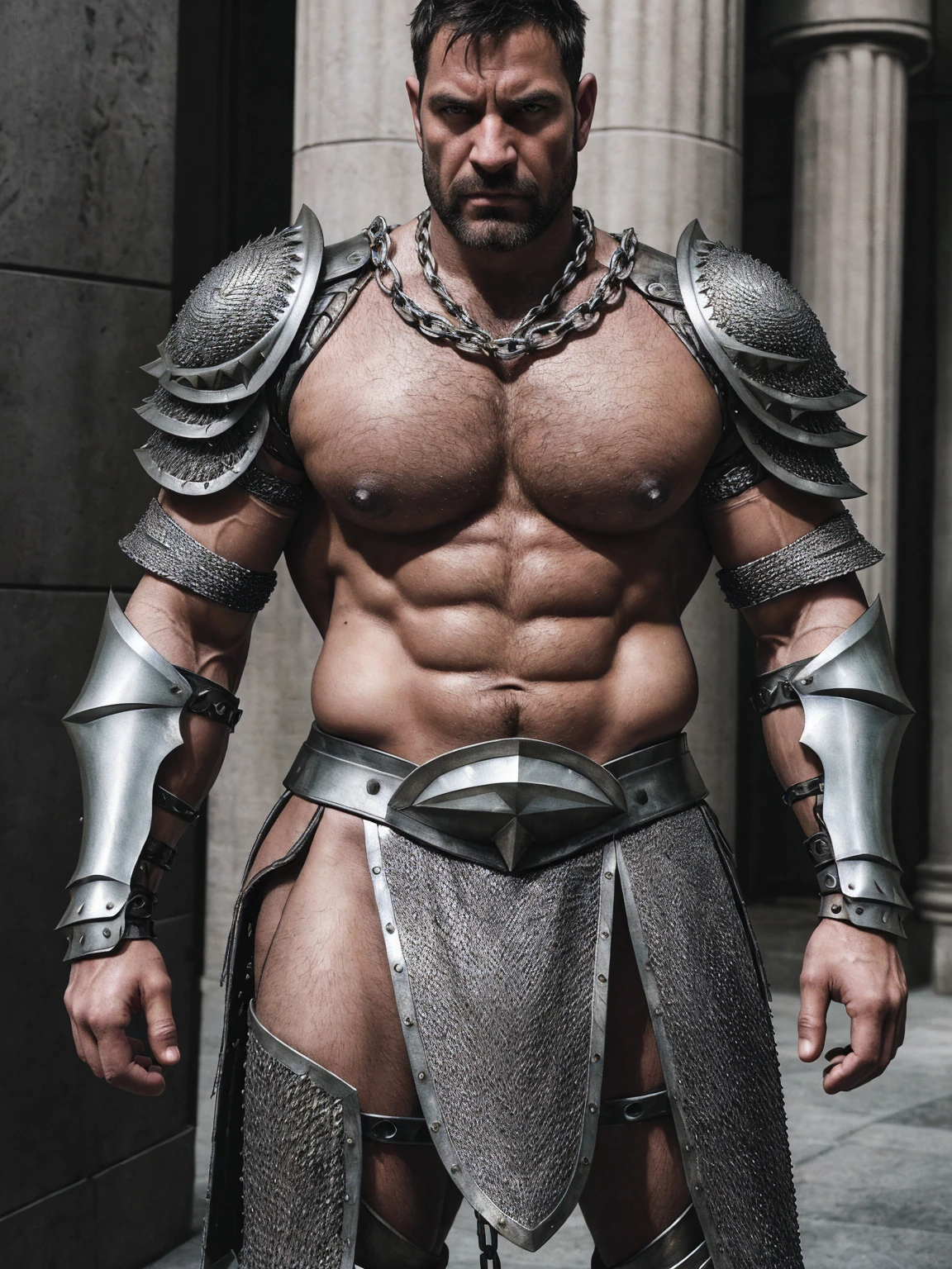 Raw, cinematic shot, (sharp focus:1.5), (photorealistic:1.2), medium portrait sexy daddy huge pecs of (a weary-looking but still proud and fierce-looking บาบาเลี่ยน warrior,Spartan Armor, dressed in elaborately detailed chain mail and leather armour