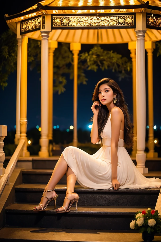 Full body high fashion, wavy long hair, floating hair by the wind, extreme artistic, intricate poses, Incredible photorealistic high resolution camera pics in the style of gardenia of a luxury scenic at gazebo full of flowers in rooftop with Jakarta city scape view in the night and beautiful exterior decoration, realistic eyes, facial profile view, Head to toe, Full body, used stilletto heels, used earrings, relaxed, at night Cinematic, ethereal, a young Asian who looks like
An idol, sitting on the stair of gazebo, sophisticated modeling beautiful in the style of wealthy appearance, glamour lights, backlight, soft light, dim light, hair light, epic lighting, natural colors, glamourous atmosphere, romantic vibes