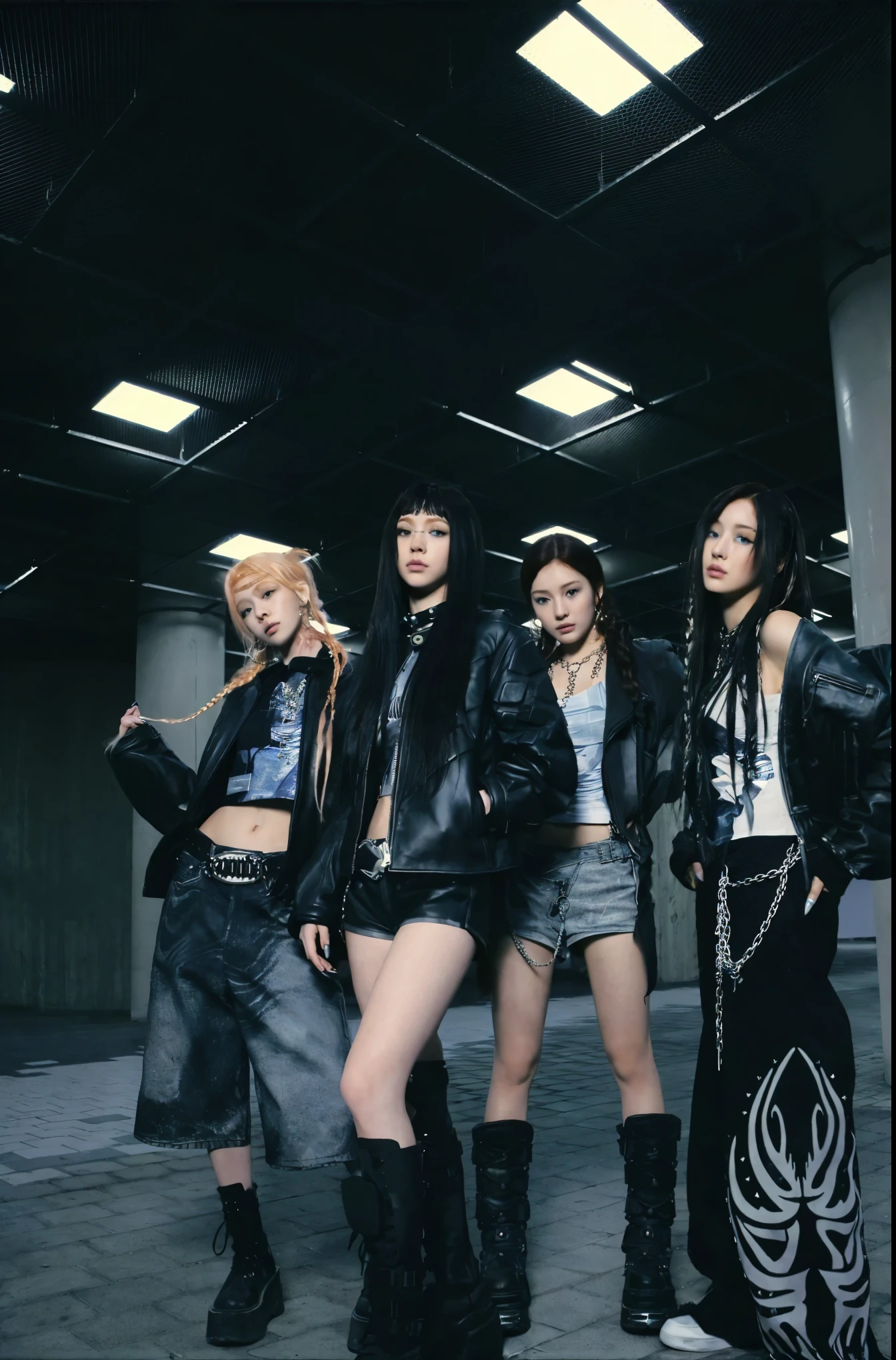 add another girl member, ginger hair, human, realistic, same outfit vibe.