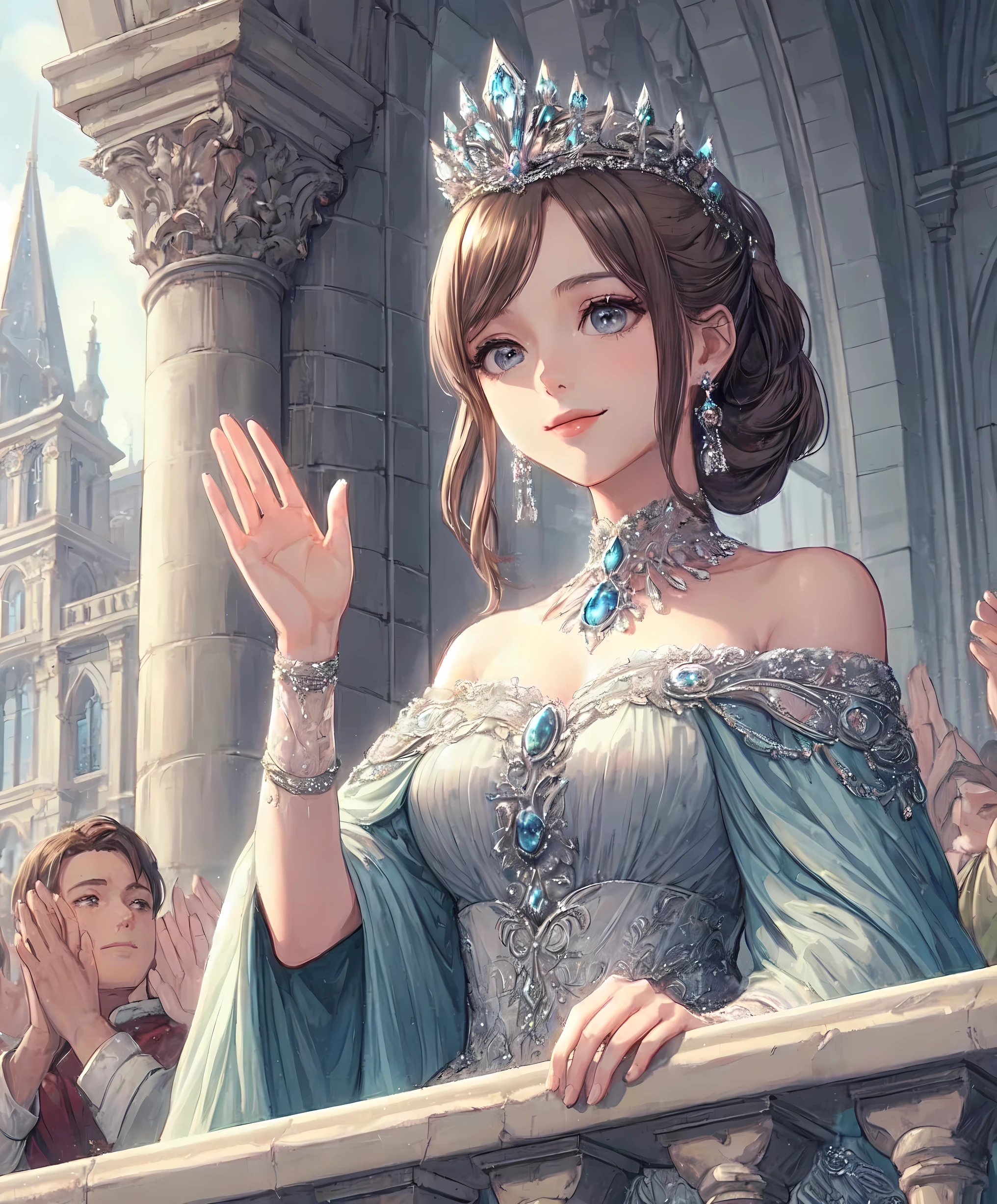 1lady solo, from below, standing on balcony, looking down, (waving hand:1.1) gracefully, queen, (elegant dress) cool-colored, (crystal tiara), /(light brown hair/) bangs, kind smile (benevolence), (masterpiece best quality:1.2) delicate illustration ultra-detailed, large breasts BREAK (balcony of medieval European palace) outdoors, audience, detailed background