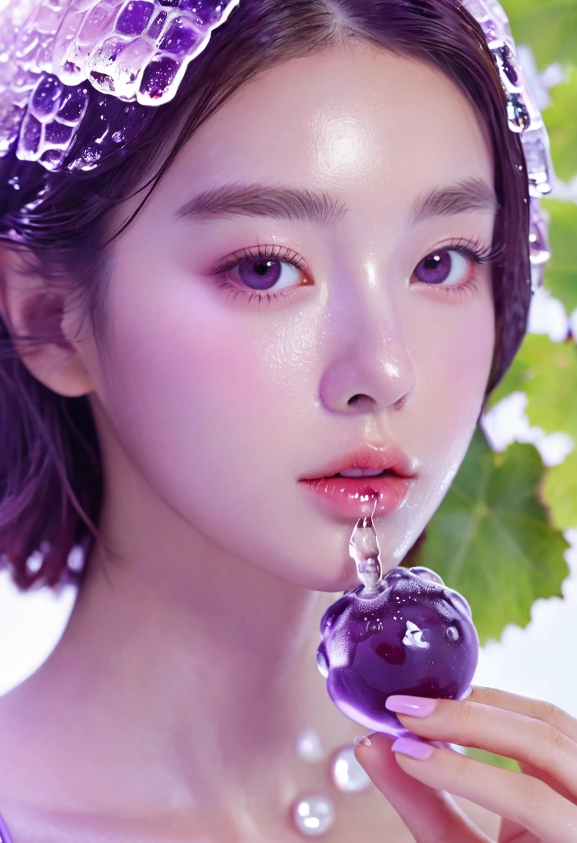 Summer Purple Grape Girl，Dopamine teenage， Cool summer days，Ice cubes，The watery girl，Delicate skin，Hydration，Shiny，Shiny，dream，Front view，bust，pearl，Purple grape fruit