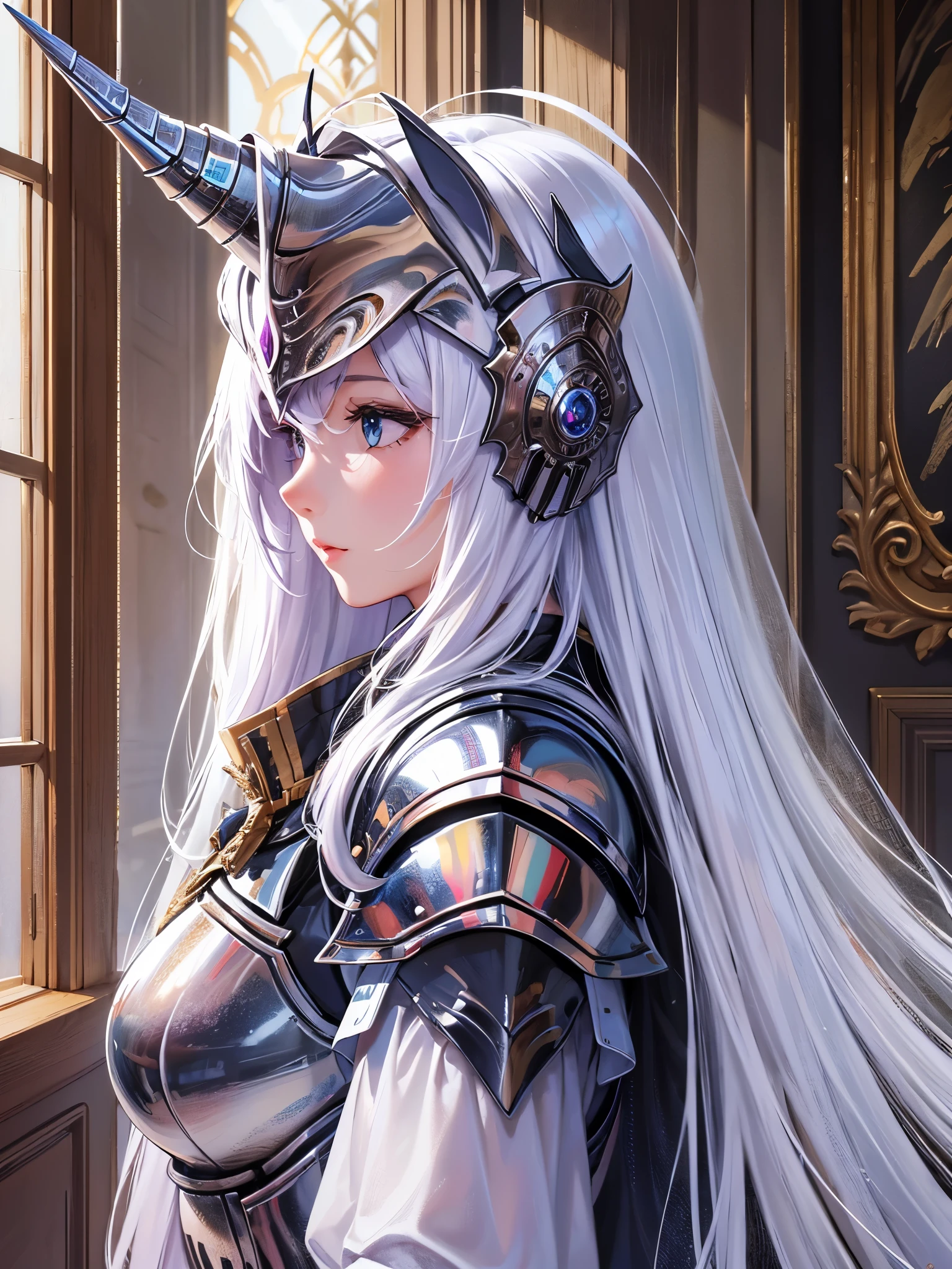 ((Highest quality)),(Ultra-high resolution),(Ultra-detailed new),(Detailed Description),((The best CG)),(masterpiece),Highly detailed art,A wonderful new art form,(Art with precise details:1.5), (Female Knight:1.5),(Unicorn Head Helmet:1.5)