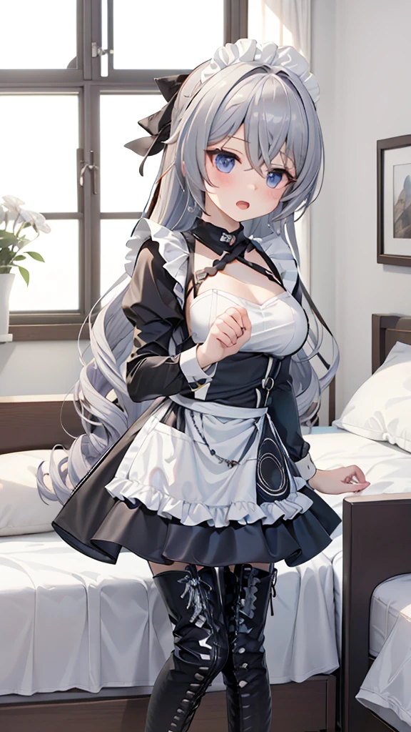 masterpiece, best quality, perfectfeatures, Intricate details, Ray Tracing, illustration,1 Girl, Bronya Zajczyk, Solitary, maid, maid headdress, maid apron, A faint smile, Pantyhose, open mouth, blush, Open your mouth, Looking at the audience, bedroom, indoors, Depth of Field ,  