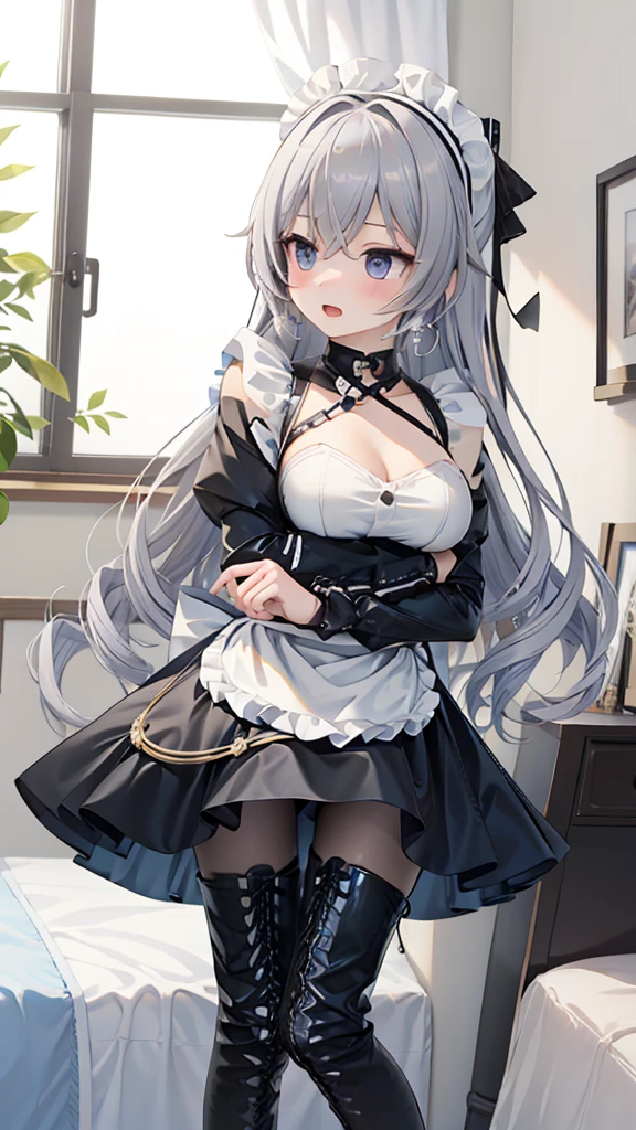 masterpiece, best quality, perfectfeatures, Intricate details, Ray Tracing, illustration,1 Girl, Bronya Zajczyk, Solitary, maid, maid headdress, maid apron, A faint smile, Pantyhose, open mouth, blush, Open your mouth, Looking at the audience, bedroom, indoors, Depth of Field ,  