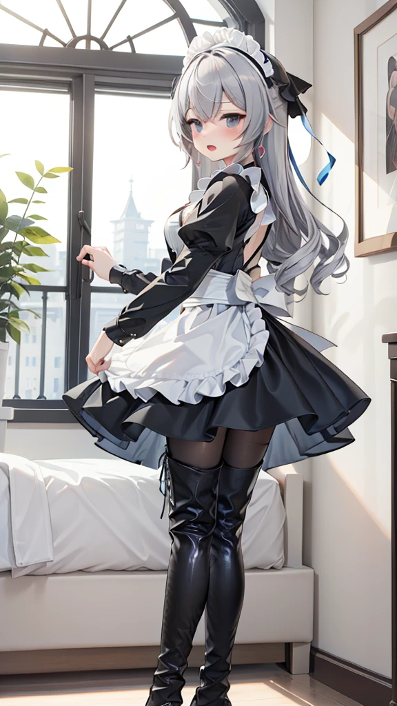 masterpiece, best quality, perfectfeatures, Intricate details, Ray Tracing, illustration,1 Girl, Bronya Zajczyk, Solitary, maid, maid headdress, maid apron, A faint smile, Pantyhose, open mouth, blush, Open your mouth, Looking at the audience, bedroom, indoors, Depth of Field ,  