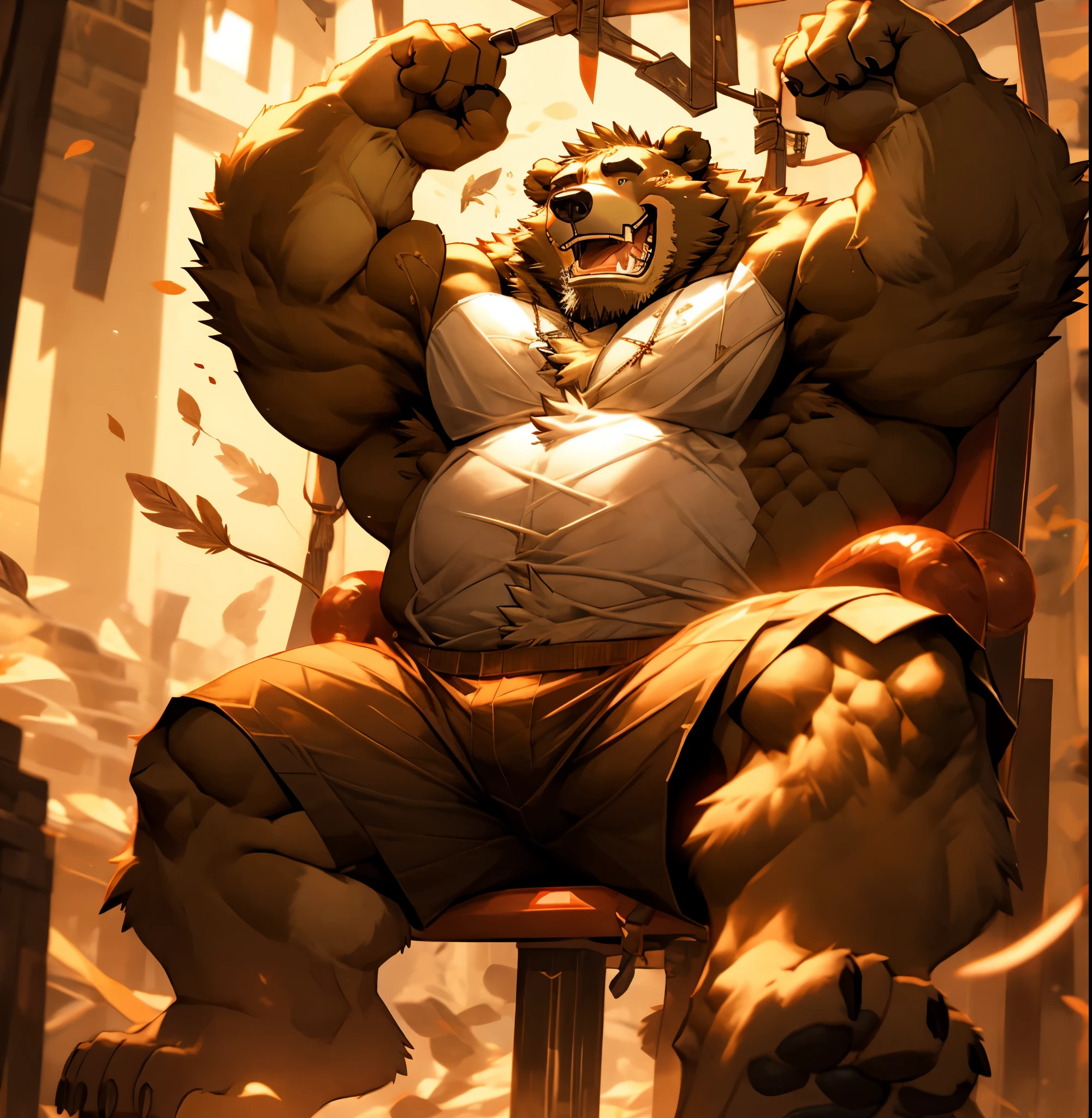 Bear Orc,male,Being tickled,feather,Tentacles,Sitting on the torture chair,Show your armpits,Paws being tickled,Brown Bear,Have strong muscles,laughing out loud,Wear only shorts,Itchy whole body,腋下被feather挠,Laughing with tears and saliva,