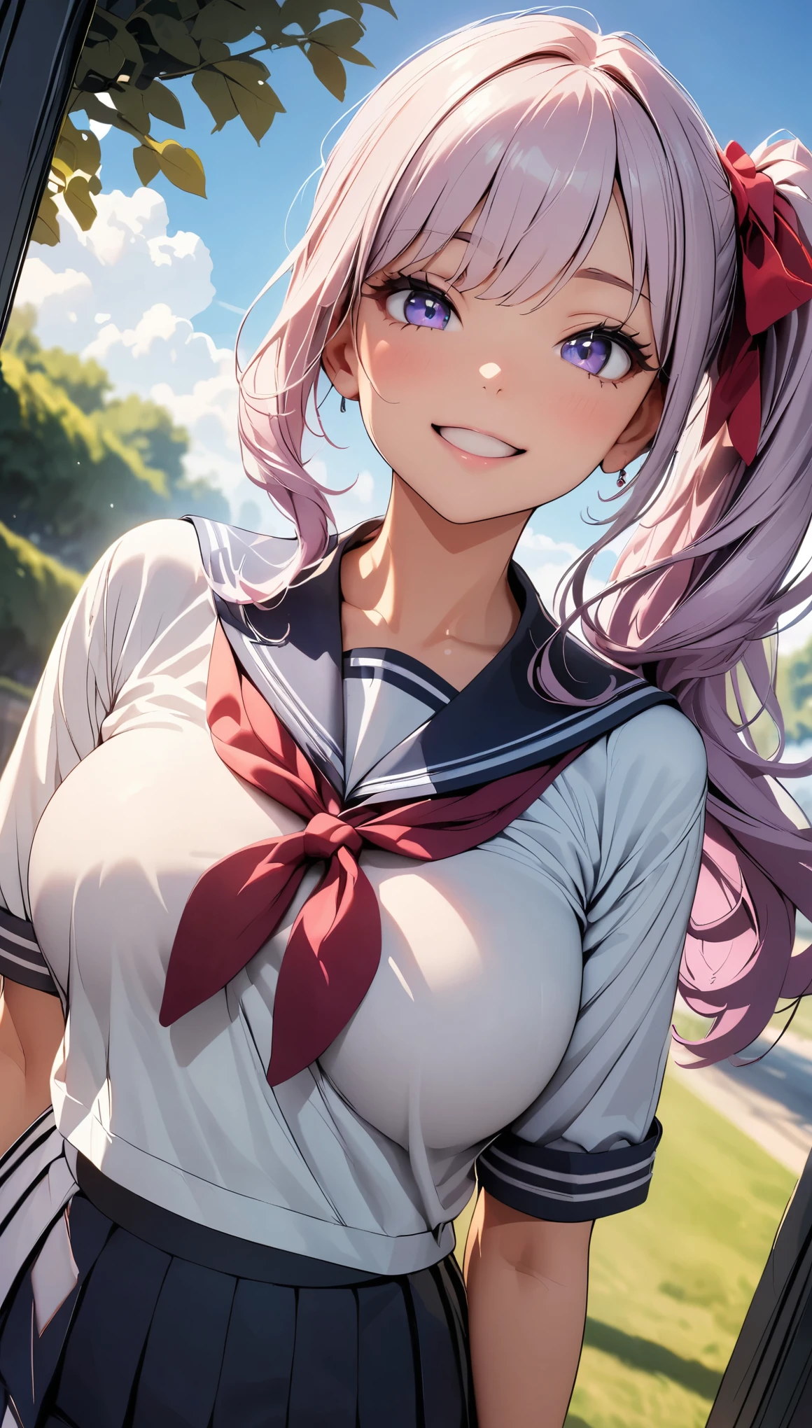 (Highest quality:1.2, 4K, 8K, Very detailed, Latest, Vibrant, High detail, masterpiece:1.2, Highest quality, Best aesthetics), (((1 Girl))), JK, Sailor suit, Pleated skirt, Open your mouth slightly:1.2, smile, (Light purple hair, Voluminous side ponytail), Dynamic Angle, Friendly atmosphere, Beautiful Hair, Shiny Hair, Beautiful Skin, Detailed face and eyes, Glossy Lips, Curvy Women, A park full of greenery:1.2, Colorful flowers, Light and shadow with attention to detail, Background Blur.