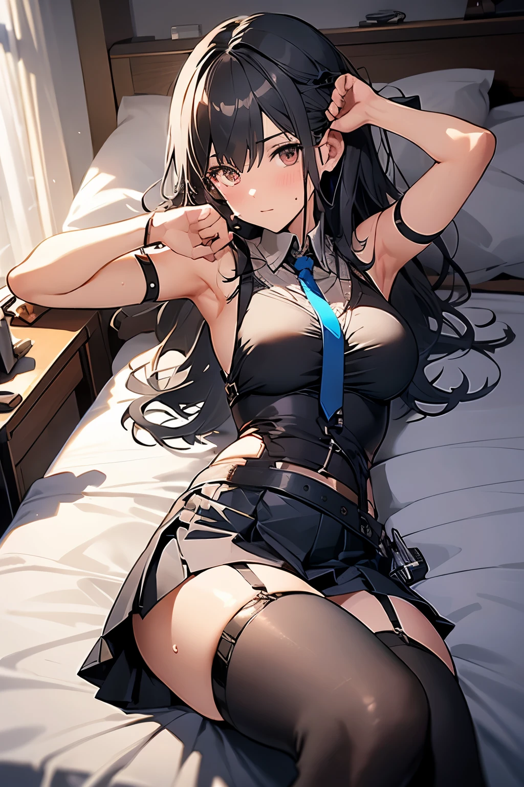 Gazing at the audience Black suspenders bulging big breasts wall mini skirt garterbelt garter vision Small face holster Beautiful woman Show me your hands Lying in bed vision Taunt ~ side ~ side汗 arm belt summer Waiting for armpit sweat to start