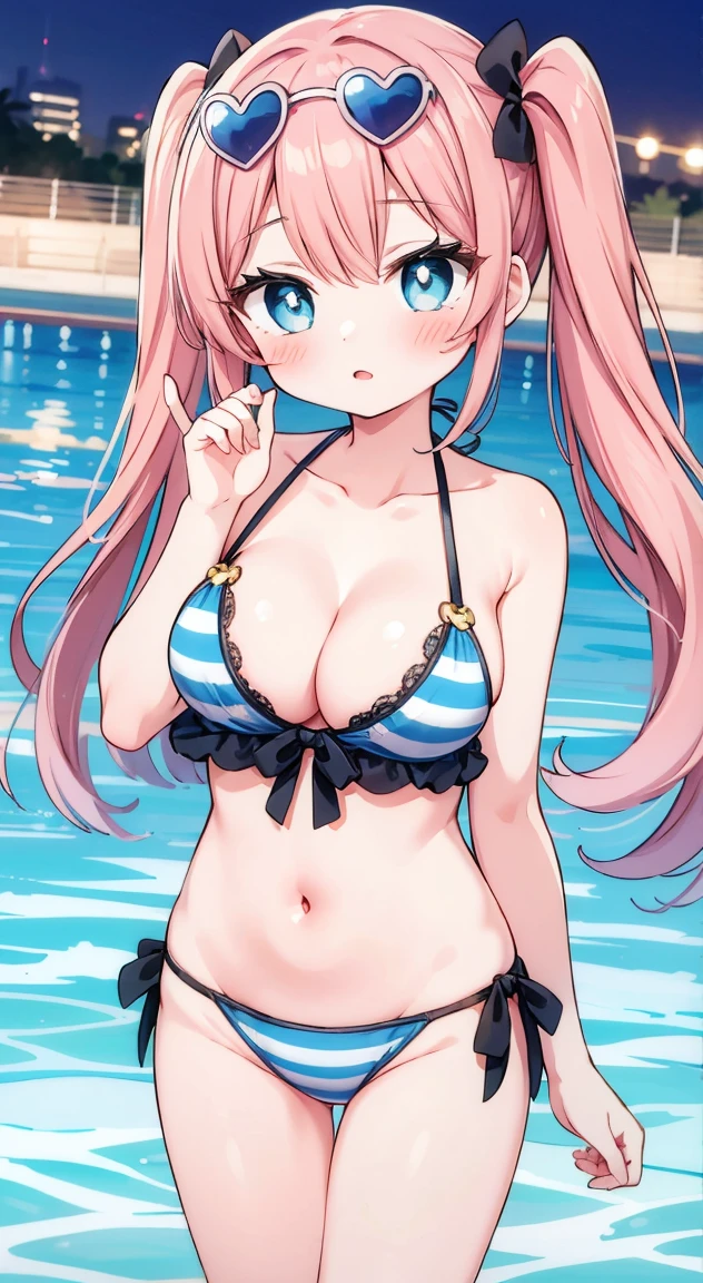 side tie panties,,masterpiece, highest quality, (anime screencap:1.3),(shape), cute,(simple:1), (anime:1.2),Solo Sharp Focus, 1 girl, cleavage,looking at the viewer, nighttime pools,Are standing,,(NSFW:1.2),Colorful bikini,pastel colour bikini,beautiful hair,Horizontal stripes,heart shaped pupils,plaid pattern bra, plaid pattern panties,(vivid and detailed Tropicaljuice1.3),cute eyes,puffy eyes,seductive pose,Beaming face,middle breasts,Twintail hair,(heart shaped sunglasses on head),cheerful