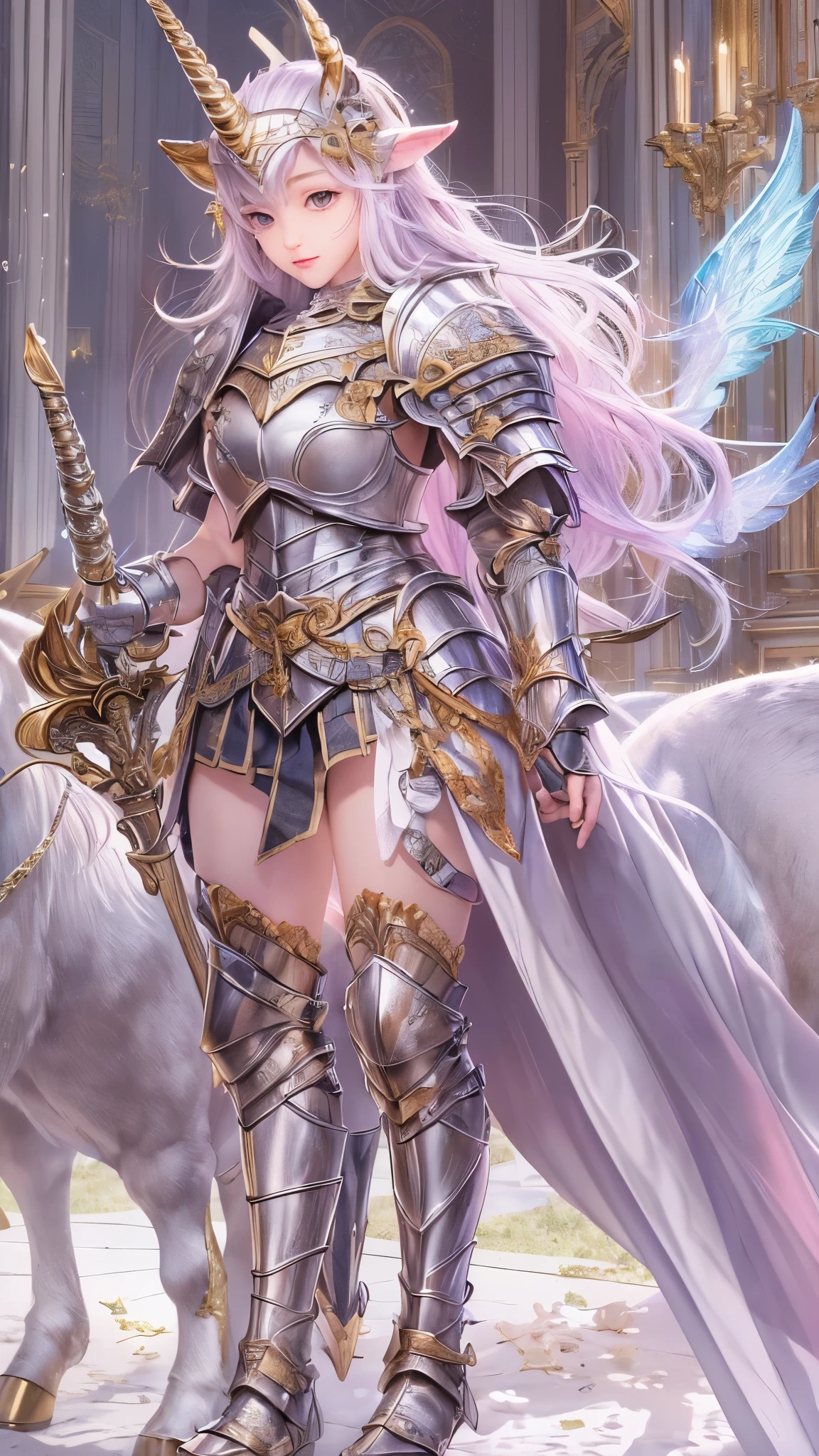 ((Highest quality)),(Ultra-high resolution),(Ultra-detailed new),(Detailed Description),((The best CG)),(masterpiece),Highly detailed art,A wonderful new art form,(Art with precise details:1.5), (Female Knight:1.5),(Unicorn Head Helmet:1.5),(Armor with intricately detailed reliefs:1.4),(Wing boots:1.3), (Sparkling Air:1.3)