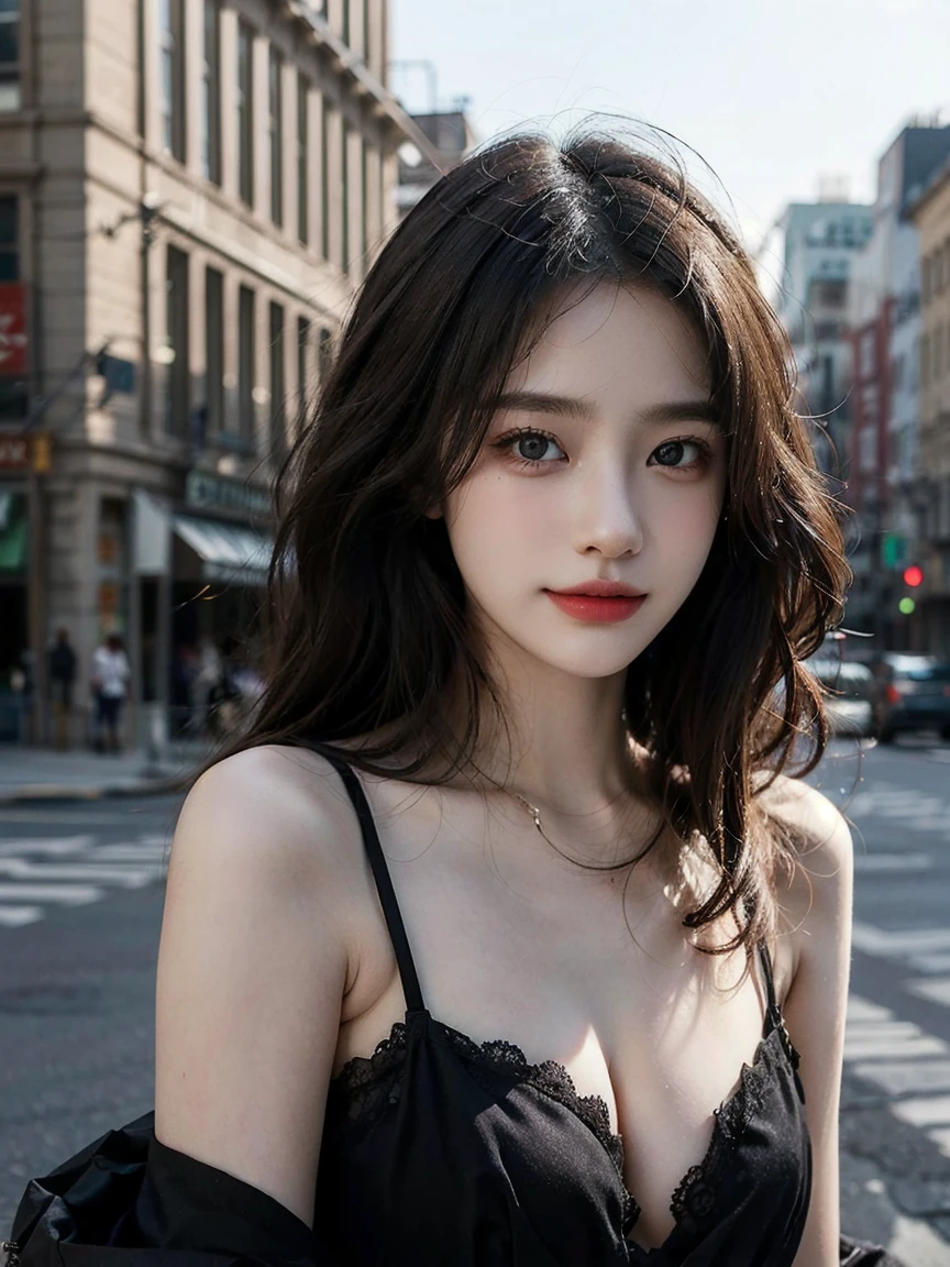 1girl, (looking at viewer:1.2), detail face, (a girl standing, rending on cgsociety, black shadows, streaming, new york backdrop), romanticism, atmospheric, (RAW photo, best quality), (realistic, photo-realistic:1.3), masterpiece, an extremely delicate and beautiful, extremely detailed, D cup,Cleavage,Translucent tube top1.5,Exquisite eye details,