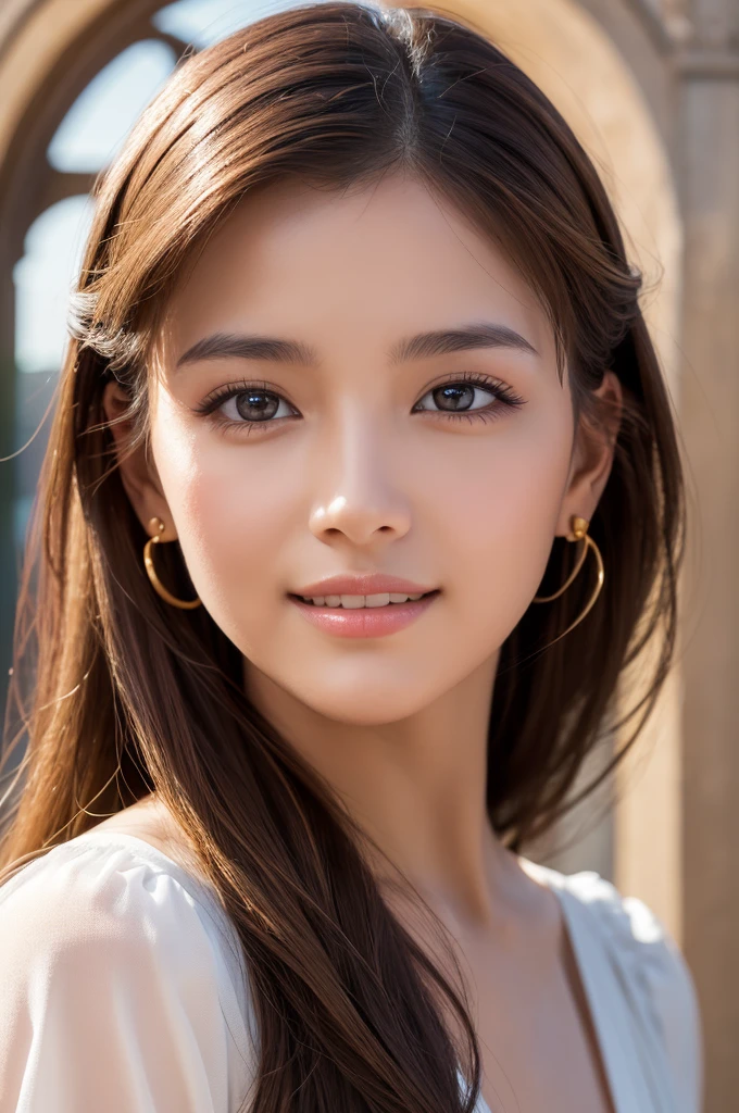 Imagine a breathtaking raw photo image skillfully utilizing the unique characteristics of a single-focus lens to portray the ethereal transparency of a female model. Employing a narrow depth of field, the image seamlessly captures the subject in crisp focus while delicately blurring the surroundings. Each fine detail, from the strands of her hair to the subtle contours of her skin, is meticulously highlighted. The lens creates a mesmerizing bokeh effect, enhancing the sense of depth and accentuating the model's graceful form. This hyper-realistic portrayal not only leverages the technical prowess of a single-focus lens but also accentuates the elusive quality of transparency, resulting in an artful fusion of precision and ethereal beauty.
BREAK, beautiful 22 year old girl, full body, dark brown eyes, detailed eyes, detailed iris, detailed face, brown hair color, beautiful hair, big smile(looking at viewer), wearing a beautiful white gown with gold trim, standing in front of a large archway, bathed in a golden light, body, dynamic poses, intricate details, depth of field, (detailed face:1.2), (detailed eyes:1.2), (detailed background), (gradients), colorful, detailed landscape, visual key, shiny skin. Action camera. Portrait film. Standard lens. Golden hour lighting. sharp focus, 8k, UHD, high quality, intricate detailed, highly detailed, hyper-realistic Channel a cute and sexy look, creating a dramatic and captivating silhouette,(Very beautiful cute face :1.2), looking at the viewer,1girl, girl, ((centered image)), ,More Detail,leonardo,Masterpiece,