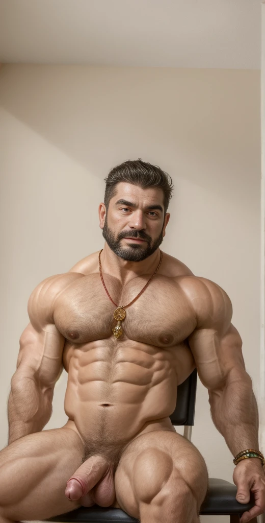 (masterpiece, intricately detailed, highest resolution, best quality:1.2),a cocky Assyrian male model,a 80 y.o muscle dad with a muscular physique sitting on a chair with black eyes,dark-skinned male, huge beard, mutton- chops, wearing chest harness, bracelets, necklace, jewelry, flaccid penis,saggy balls,hairy chest,vascular,muscle striations,soft light,fantastic realism,