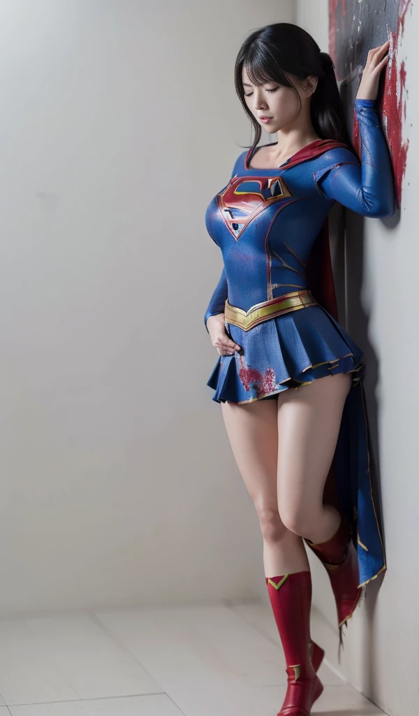 (((Highest quality、8K、masterpiece:1.3))、Eyes closed、Supergirl、胸にSupergirlのロゴ、Sharp focus:1.2、Beautiful woman with perfect figure:1.4、Thin abdominal muscles:1.2、((Layered Cut、Huge boobs:1.2))、Wet body:1.5、非常に詳細な顔と肌の質感Supergirl、Bloodstained、Clothes are shredded、Torn、Highest quality, Familiar, High resolution), 1 Girl, Supergirl、Super Heroine、Bishoujo Warrior、defeat、Lying down&#39;return、falling、knock out、フィットしたSupergirlのコスチューム、Enlarge your breasts、Muscular、alone, From above,sleepy, Sleepワイン, Doll joints、Sleep、it hurts、it hurts look、syncope、cadaver、Beautiful crotch、High detail、8K