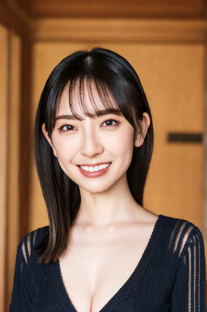 a woman,1 girl,black hair, hair bobbles, longeyelashes, solid circle eyes, light smile, mole under eye, piercing, light smile, shy, puckered lips, Surrealism, drop shadow, stereogram, ass pov, atmospheric perspective, depth of field, first-person view, f/1.8, 8K, super detail, ccurate, best quality, highres, best quality,full body,professional lighting,Cleavage