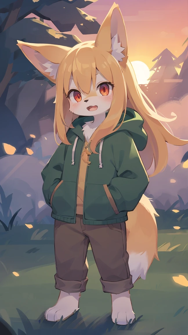 shota the fox, , was hairy, shaggy, skin fur, smooth lashes, golden fur, forelimb hands, straight long blonde hair, solid circle eyes, golden ears, golden fur, golden facial fur, shiny hair, red eyes, super cute face, 1fox tail, fluffy tail, furry tail, glowing eyes, green coat green hood down, brown trousers, standing, open mouth, ambient light, ultra-fine fur, dashed eyes, full body, masterpiece, high quality, high-details, best quality, wide short, (((solo))), twilight, sun light, red sky, rim light