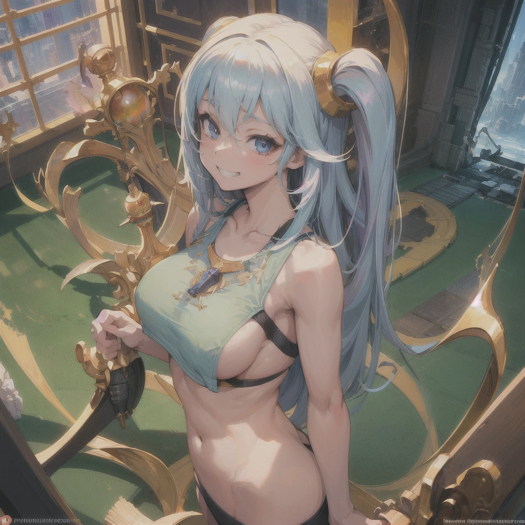(masterpiece, high resolution), 1 Girl, Solitary, financial, (from above), Upper Body,, , (Skinny), (slim的), sports, slim, Moderately straight breasts, Grin, warm light, Grin, Black long hair, indoors, Art Station, fantasy, cutesexyrobutts's Artwork