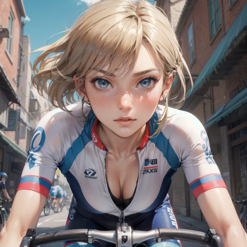 masterpiece, (textured skin), best quality, gorgeous beautiful girl, (a female cycling athlete), detailed clothes,large breasts,narrow waist,, (beautiful face), cinematic lighting, (at cycling venue ),