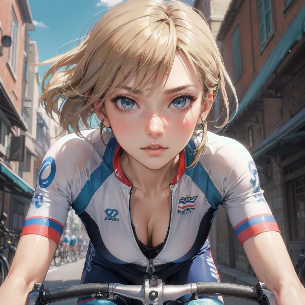  masterpiece, (textured skin), best quality, gorgeous beautiful girl, (a female cycling athlete), detailed clothes,large breasts,narrow waist,, (beautiful face), cinematic lighting, (at cycling venue ),