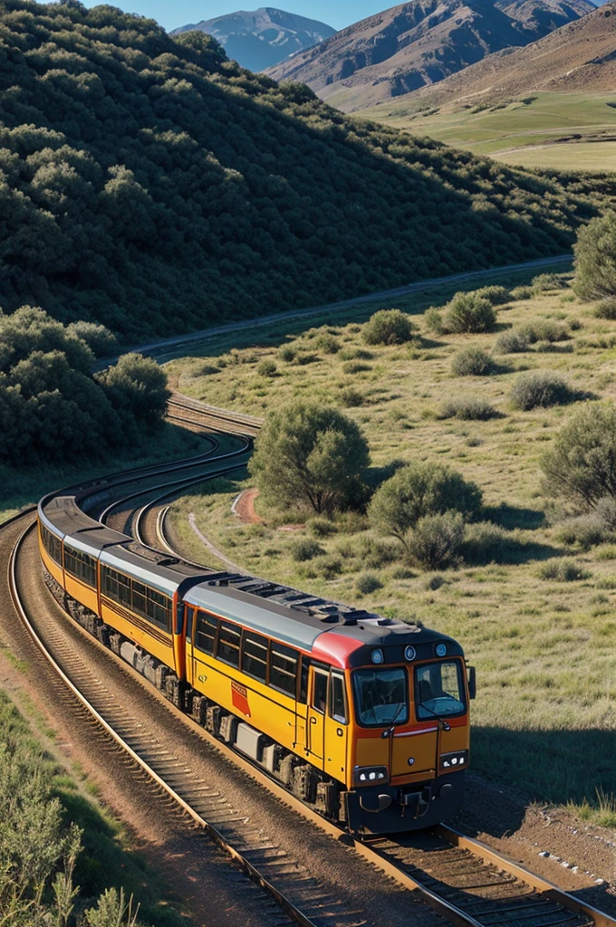 generate a realistic image from a photo showing the landscape and the tracks from the driver's cab of a train. it is noon and the sun is shining from the sky