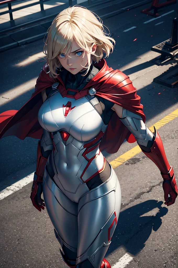 16K, HDR,UHD, RTX, ray tracing, chiaroscuro, best quality, masterpiece, ethereal, perfect illustration, digital artwork, trending on artstation, jaw-dropping perfection, ultra realistic, textured amazing lighting effects, perfect shadows, WLOP, 1girl, beautiful mature edgy woman in a cool long jacket and black pants, superhero suit, stomach covered by clothing, short hair, very short hair, wavy hair, white-blonde hair, blonde hair, highly detailed glowing blue eyes, glowing eyes, blue eyes, beautiful glowy blue eyes, detailed eyes, beautiful face, perfect anatomy, broad shoulders, strong upper-body, modern city, city, beautiful weather, stunning sunshine, sunny, daylight, sunlight, sunlight from above, red cape, daytime, superhero, uplifting, heroic, heroic pose, athletic, hands near hips, glowy eyes, daytime, white and red superhero suit, metallic suit, red lines on suit, metal shoulder-pads, summertime, radiant sunlight, beautiful cityscape, hair blowing in wind, manly shoulders, manly shoulders, very tall, cape, red cape, red hands, long red gloves, red gloves, armoured forearm, armoured shoulder-pads, chrome shoulder-pads, chrome forearm armor, red gloves