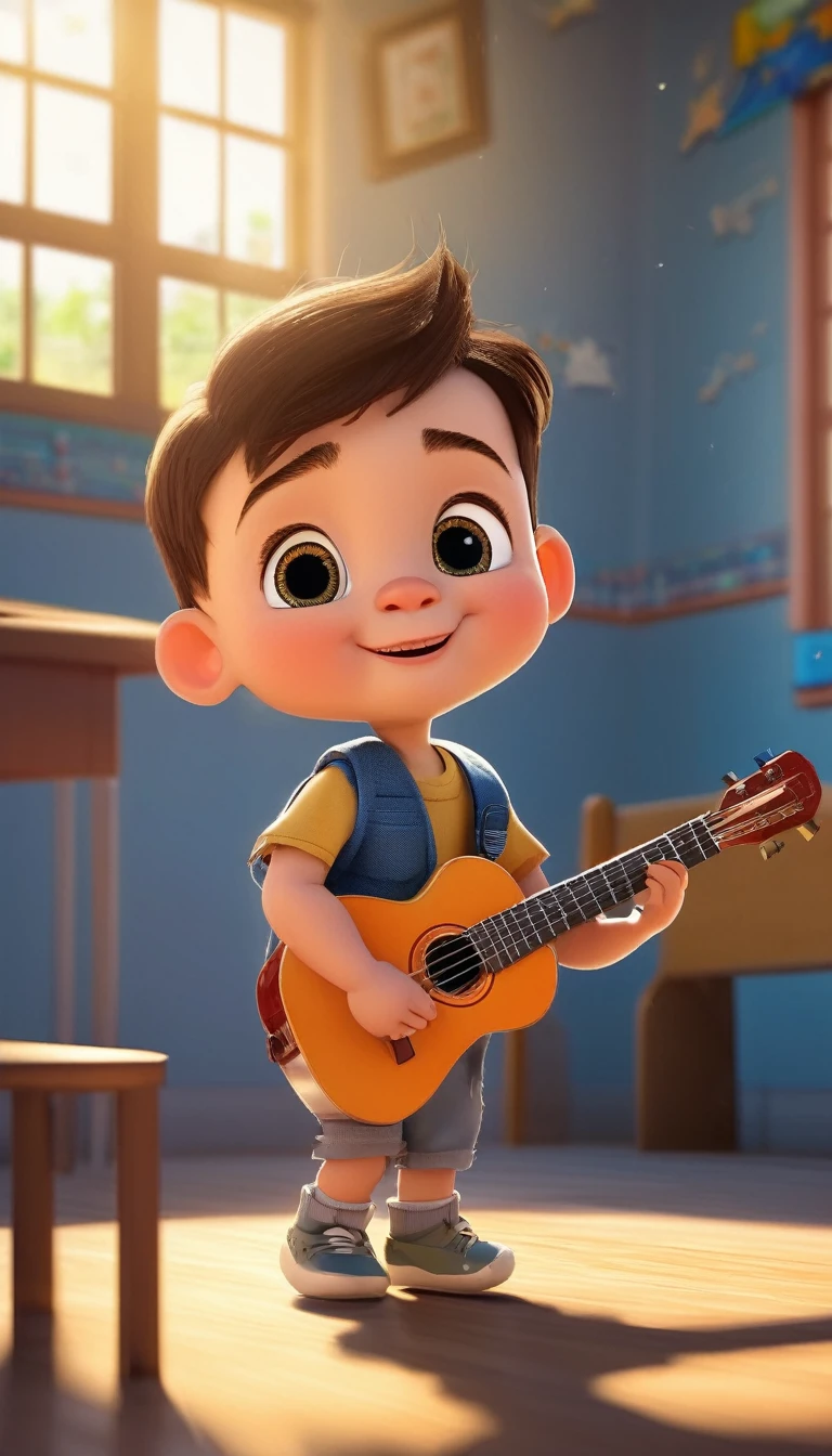 A , 5 years olis looking camera), He is in front of Class in School. He is playing guitar. Sun light from windows, Supper Detail, 32K, ultra, high quality, masterpiece, (full body)
